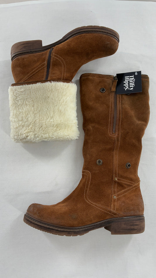 MANAS Brown Suede Leather Combat Style Boots with Fold Over Option (40)