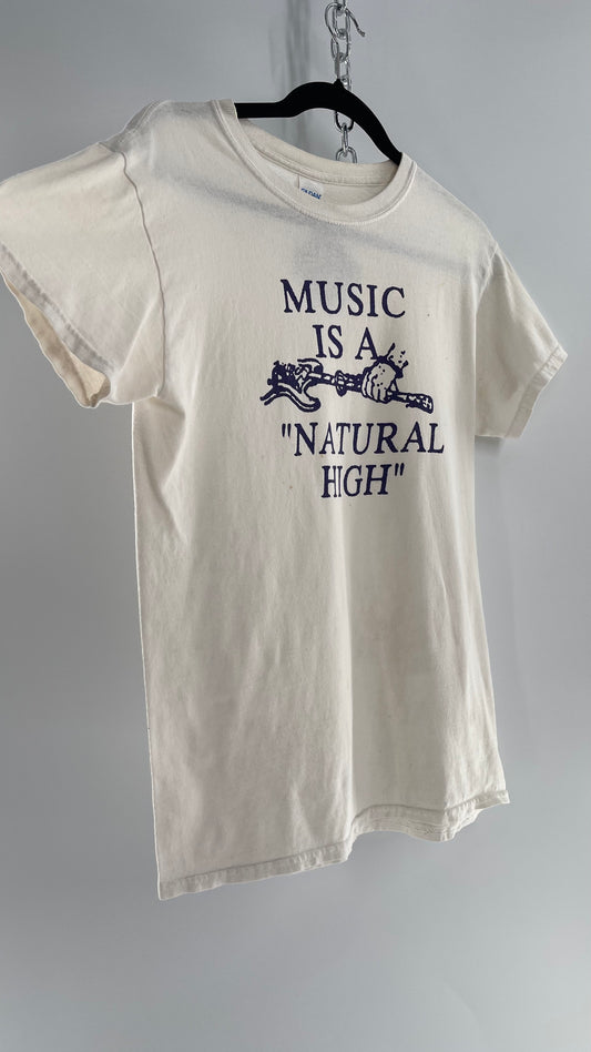 Vintage 1980s White T with Purple Music is a Natural High Font (Small)