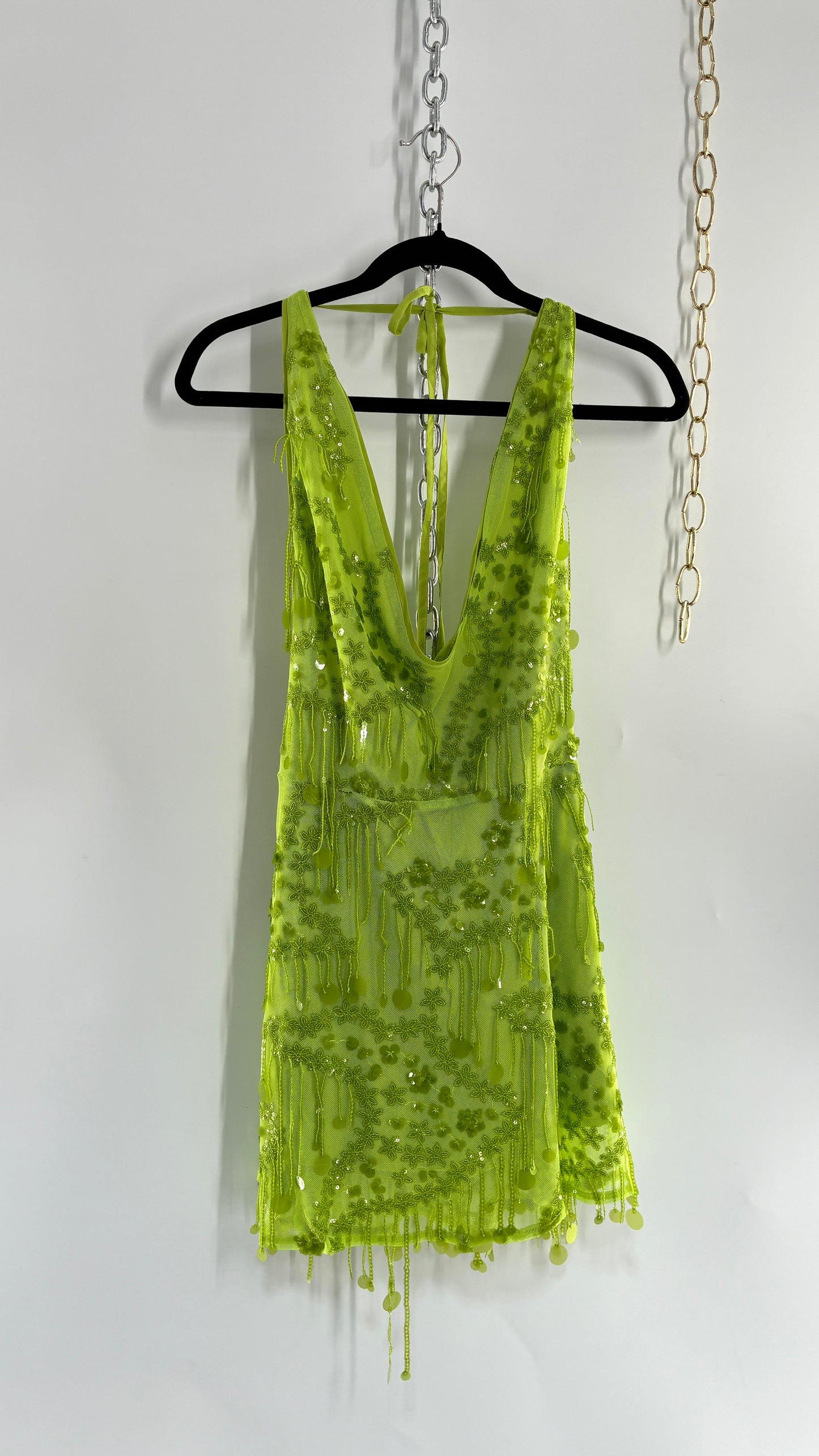 Green Beaded Backless Mini Dress (Small)