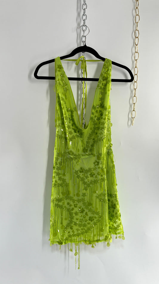 Green Beaded Backless Mini Dress (Small)
