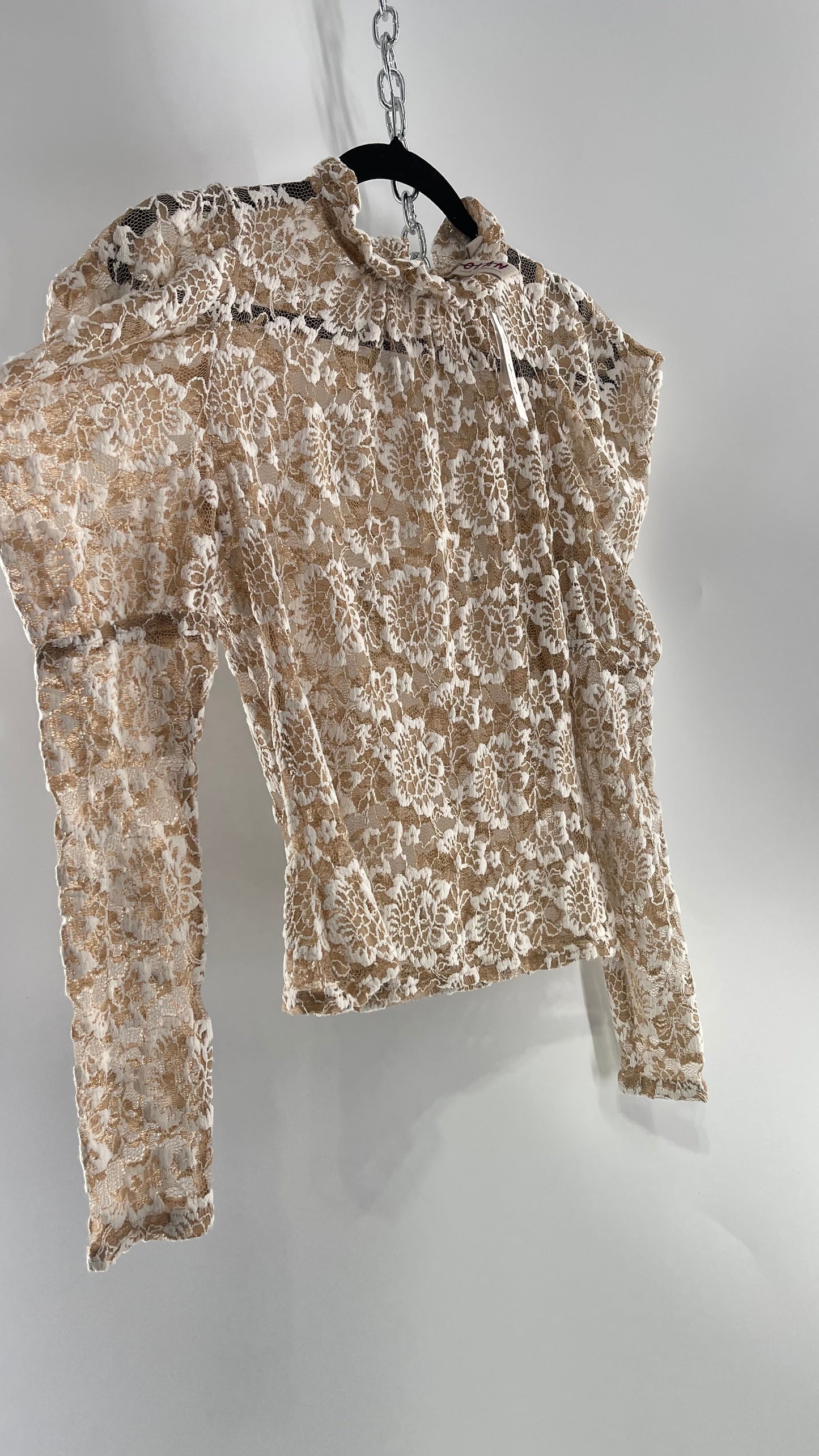 DOLAN Puff Shoulder Ruffle Neckline Tan/White Lace Long Sleeve with Tags Attached(XS)