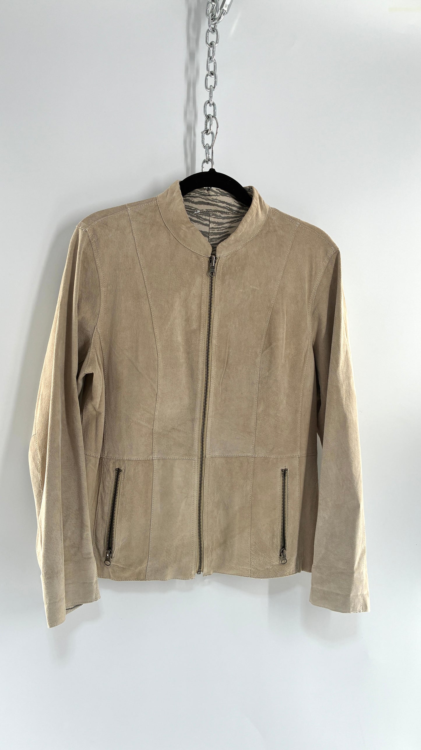 Vintage Reversible Thin Genuine Suede Leather Zip Up Jacket Beige/Zebra (Medium)