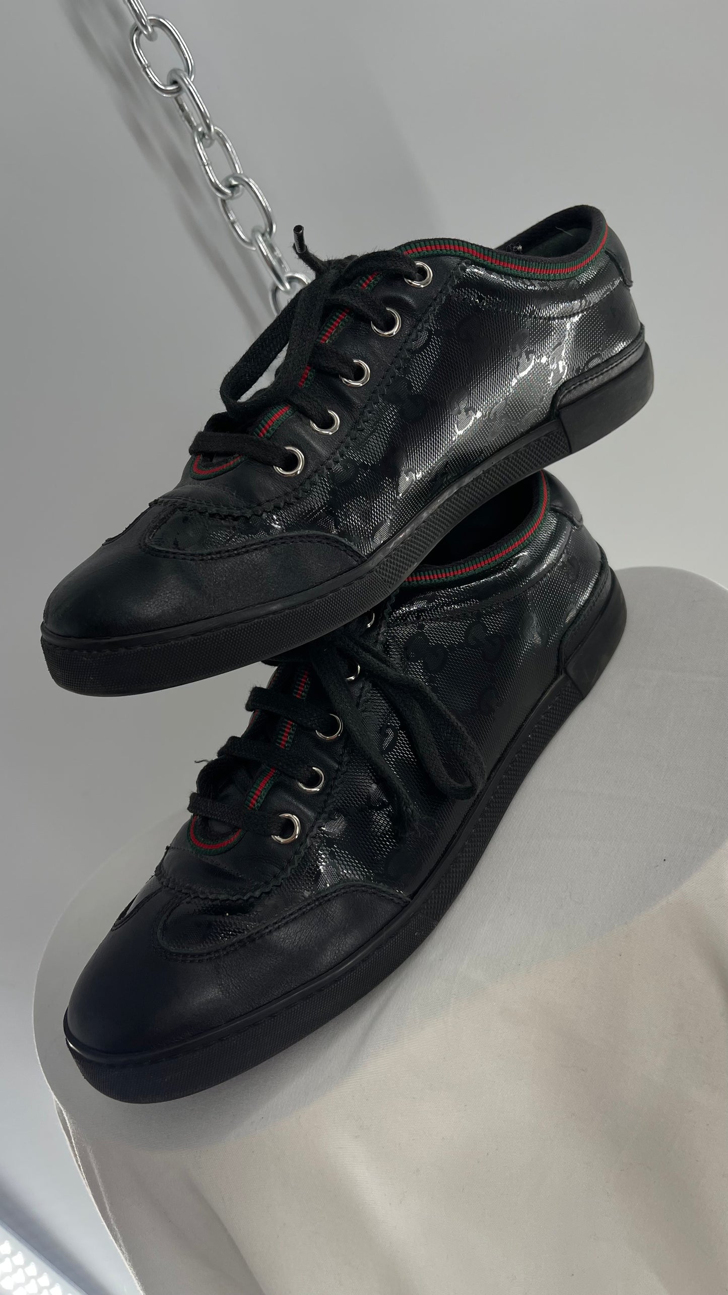 Vintage GUCCI Worn Black Leather Monogram Low Top Sneakers with Red/Green Iconic Trim (37)