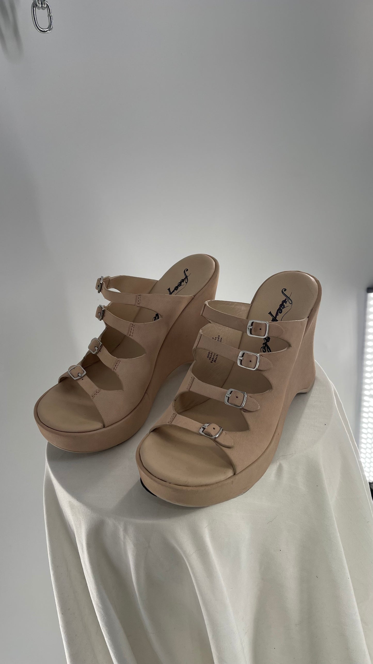 Free People Huffman Beige/Tan Leather Wedge Multiple Buckle Heel (37)