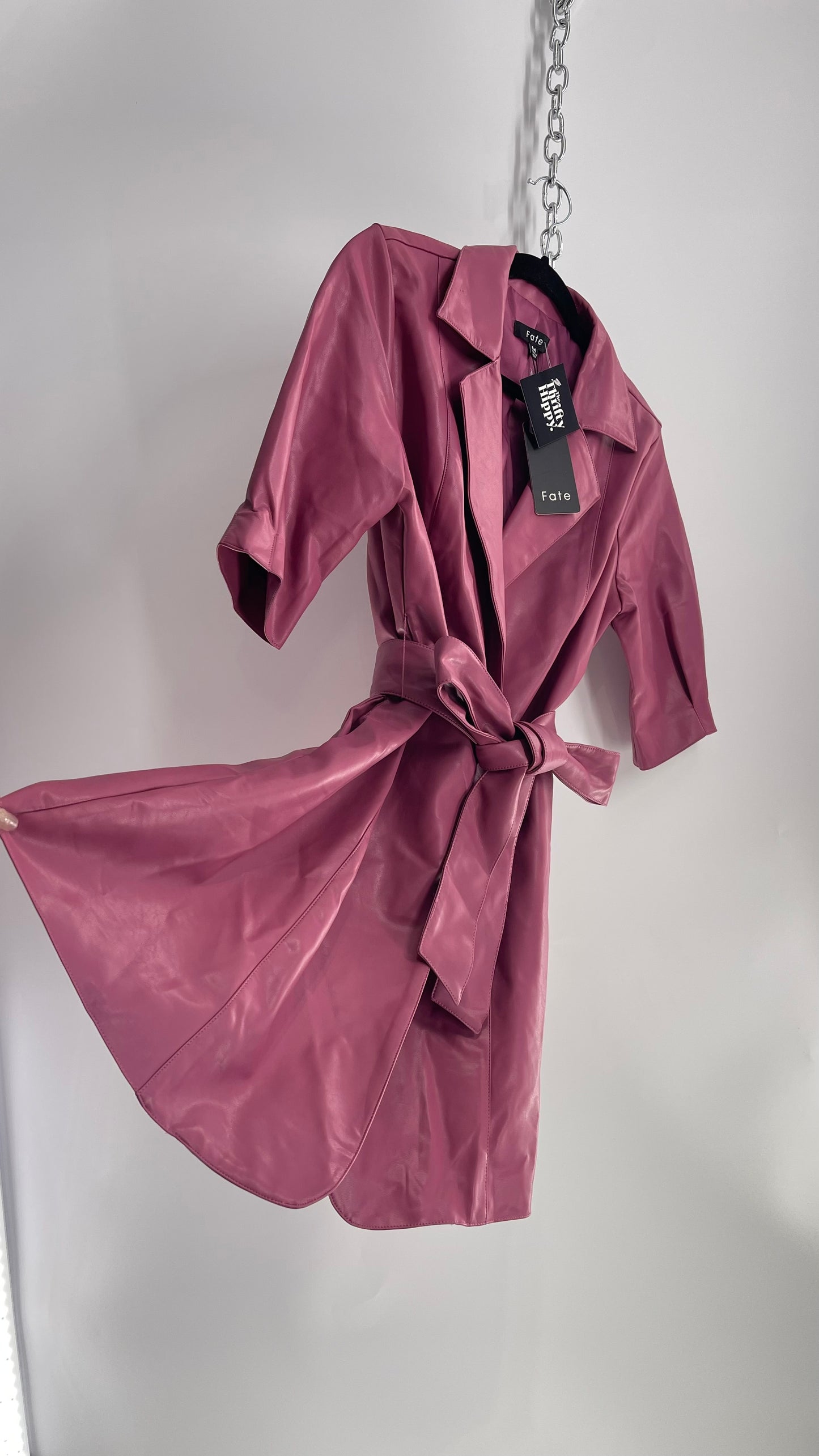 Fate Mauve Short Sleeve Vegan Leather Trench Coat Dress with Tags Attached (Medium)