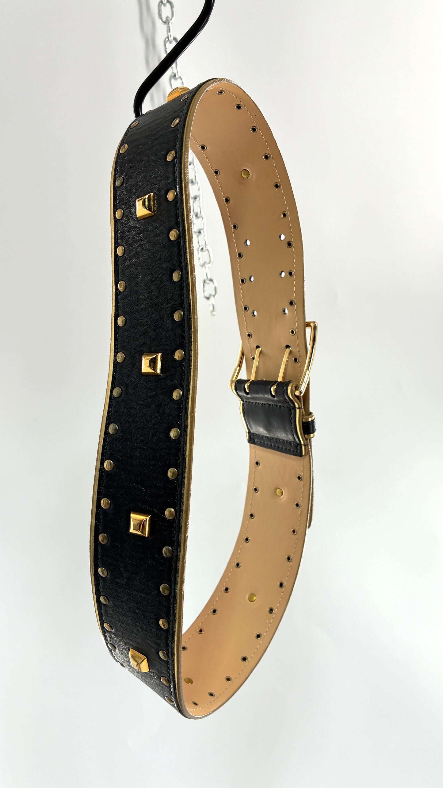 Vintage Wide Black Genuine Leather Belt with Studded Detailing and Oversized Buckle
