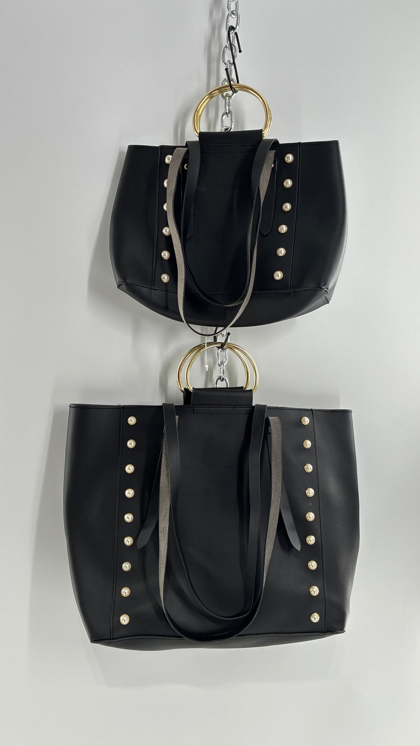 Black Vegan Leather Dual Size Purse Set with Pearl Studs