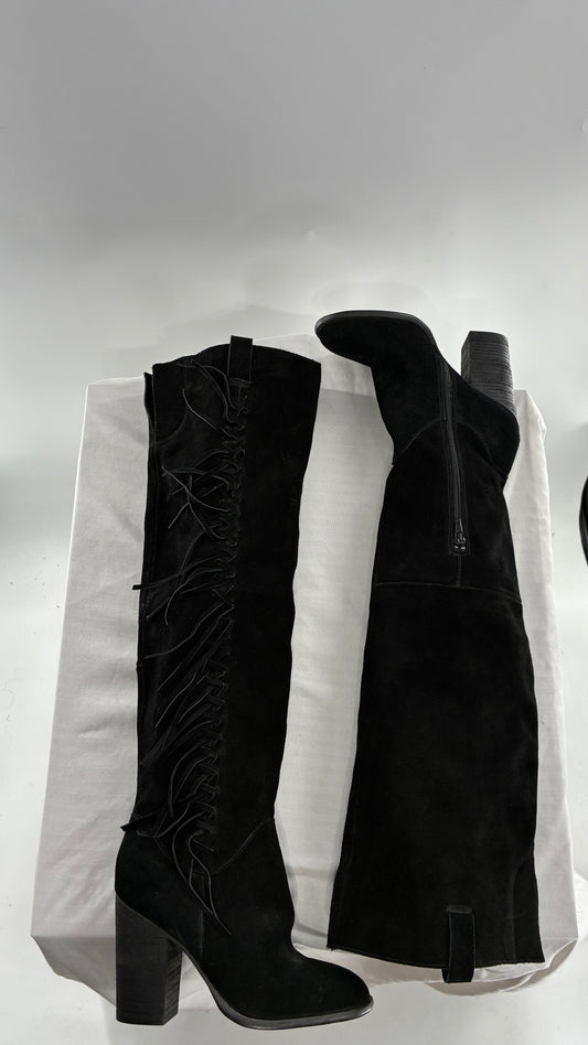 Vintage CARLOS SANTANA Genuine Suede Leather Thigh High Tassel, Fringe Side Boots (7.5)