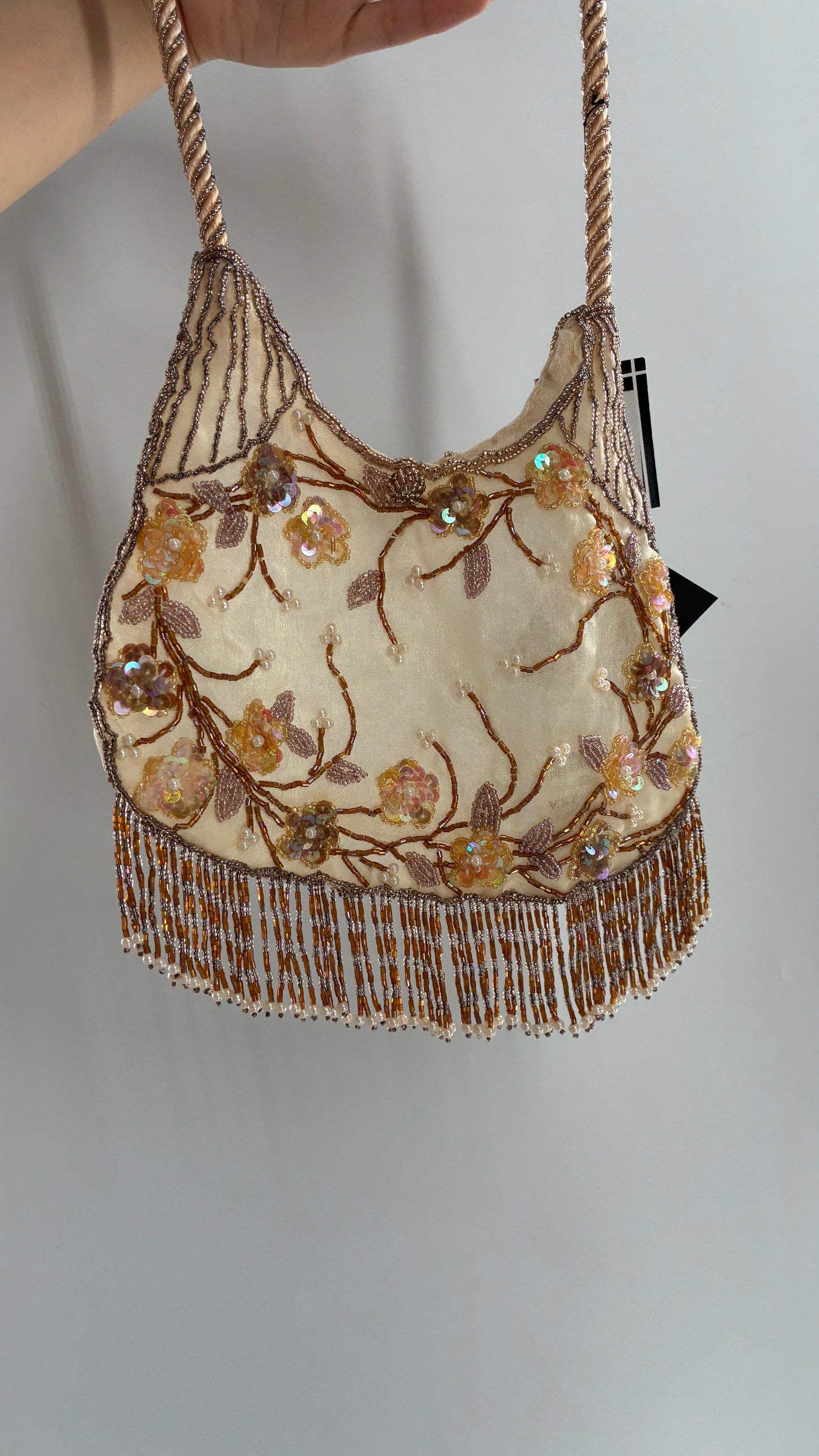 Vintage Deadstock Beige Beaded Fringe Purse with Embroidered Beaded Florals