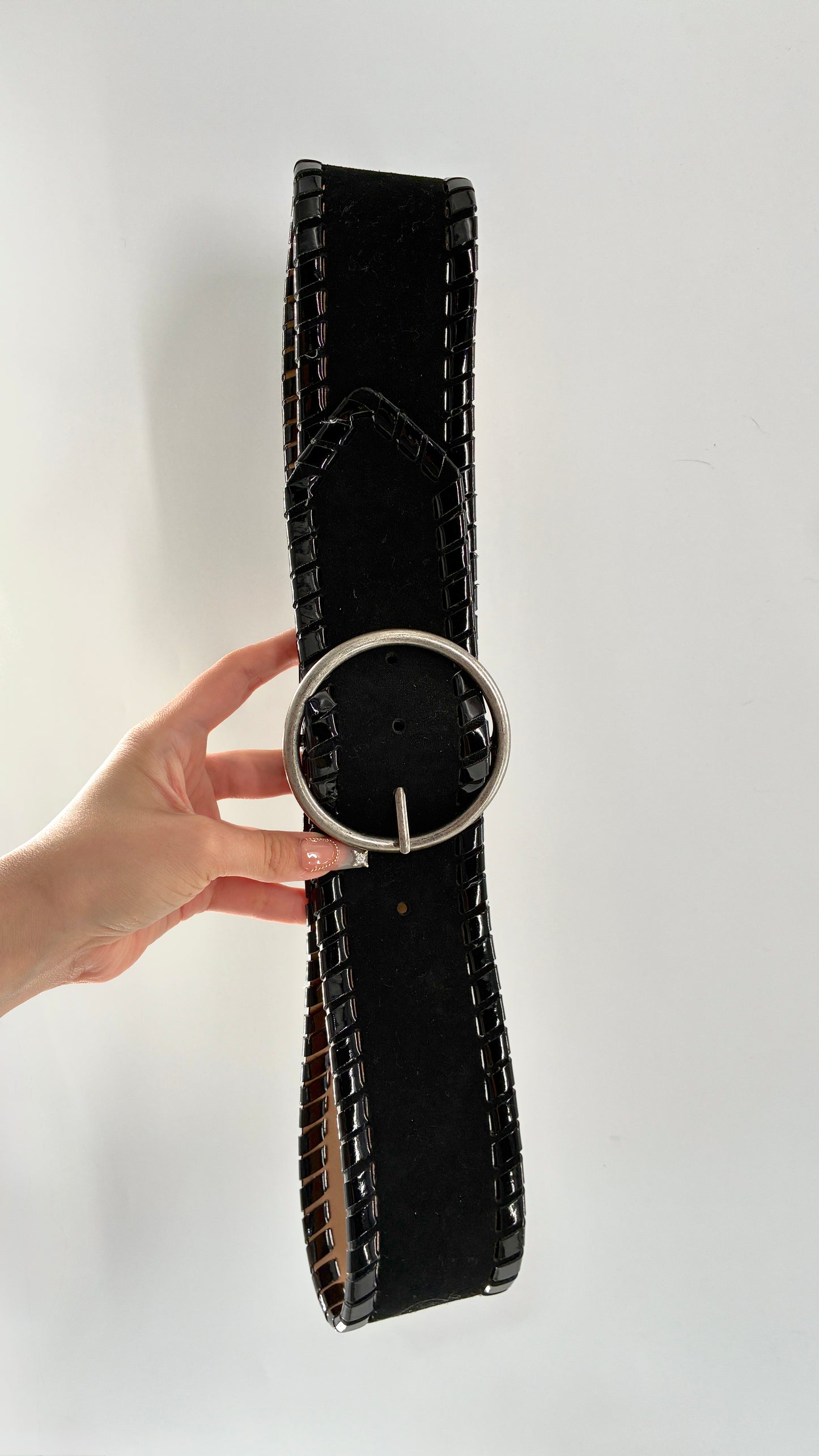 Vintage BUCKLE Black Genuine Suede Leather Wide Hip Belt with Oversized Silver Circle Buckle (XL)