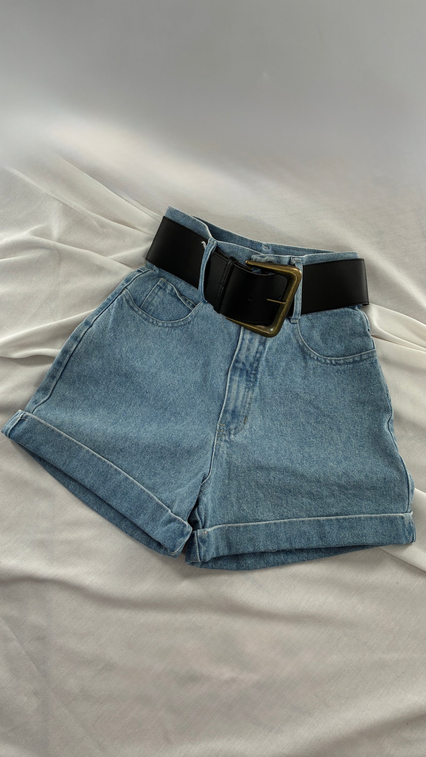 Vintage 1990s EXPRESS Ultra High Waisted Jean Shorts with Wide Waist Belt (1/2)