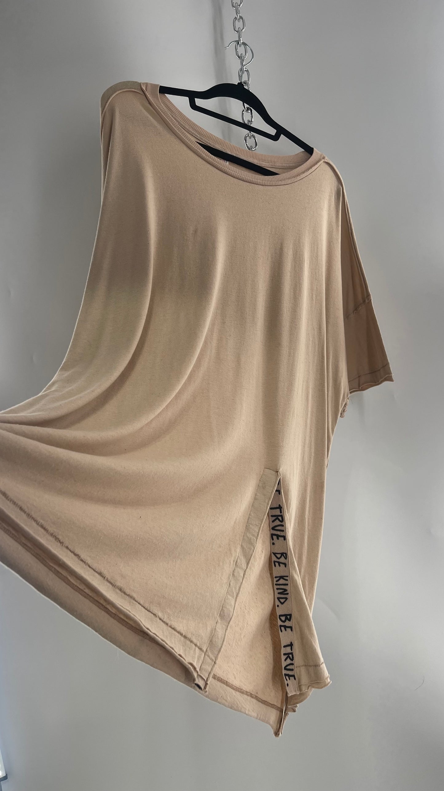 Free People Movement Oversized Light Beige Short  Sleeve T-Shirt with Slit Embroidered Detail (Size XS)