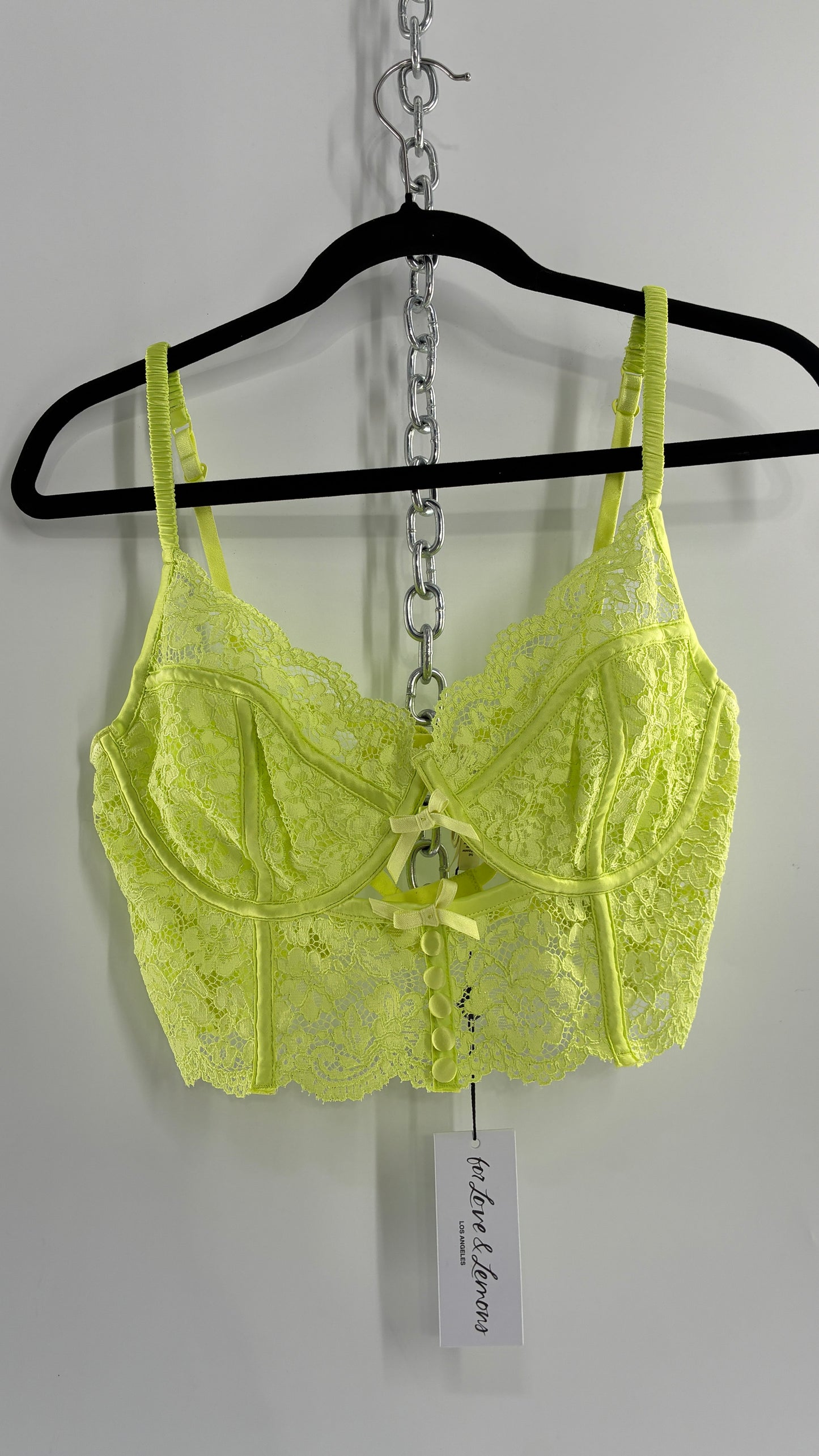 For Love & Lemons Lime Green Corseted Lace Bralette with Strappy Back and Tags Attached (38C)