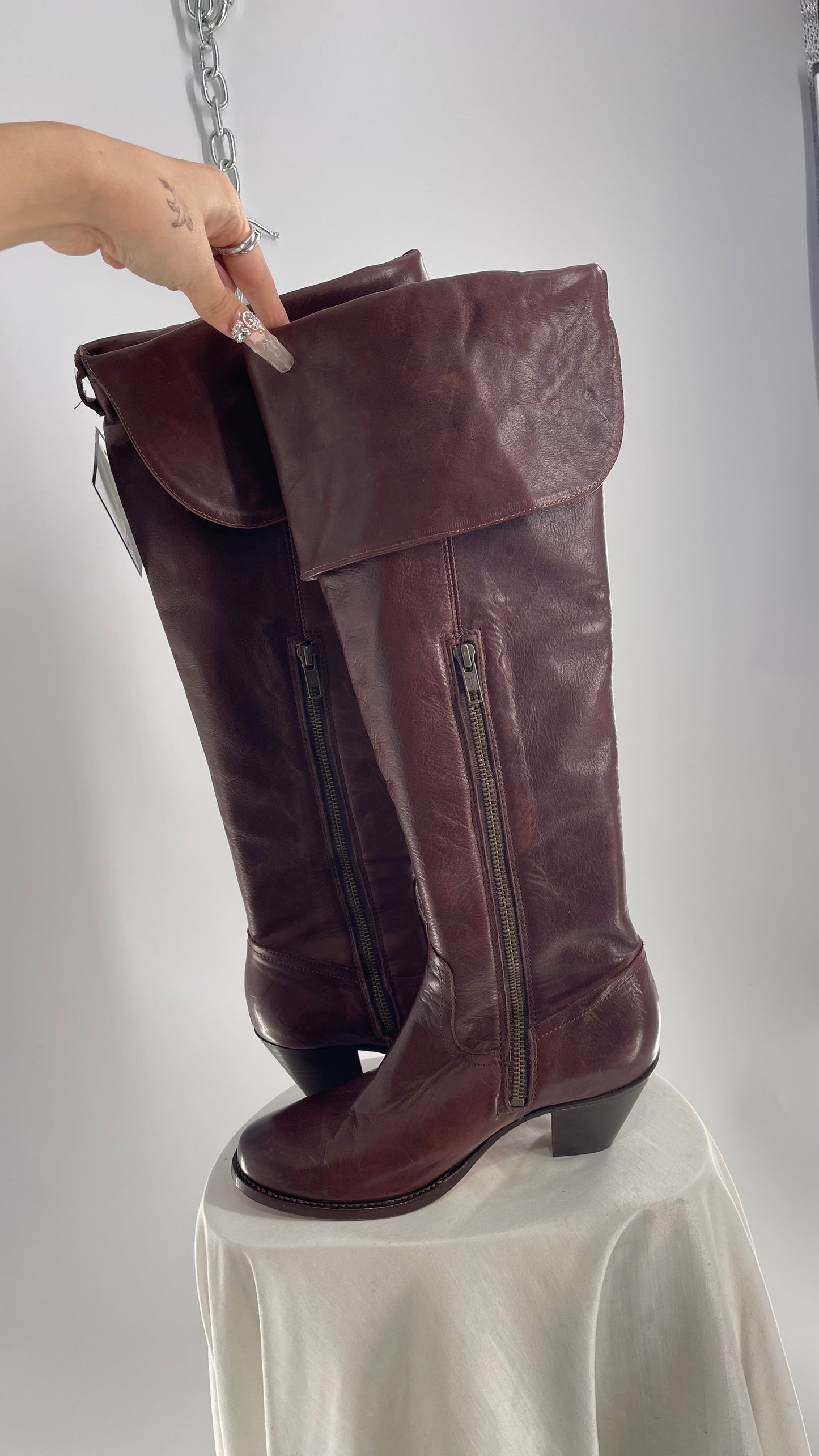 Vintage FRYE Brown Leather Fold Over Thigh High Round Toe Boots (8)