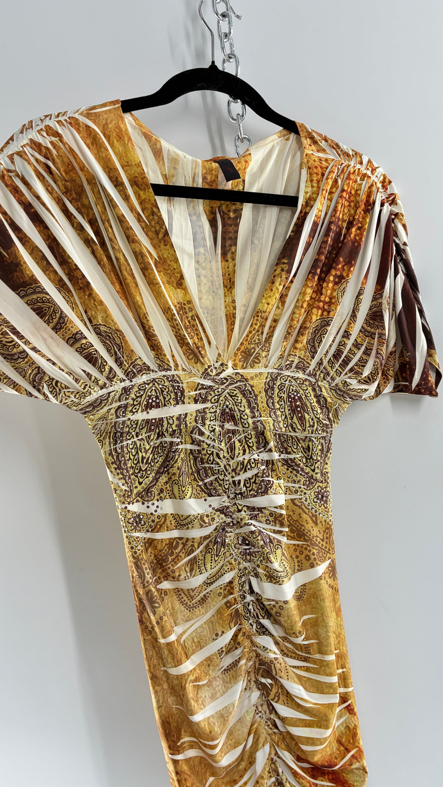 Vintage Bodycon Gold Graphic Mini Dress with Rhinestones (Small)