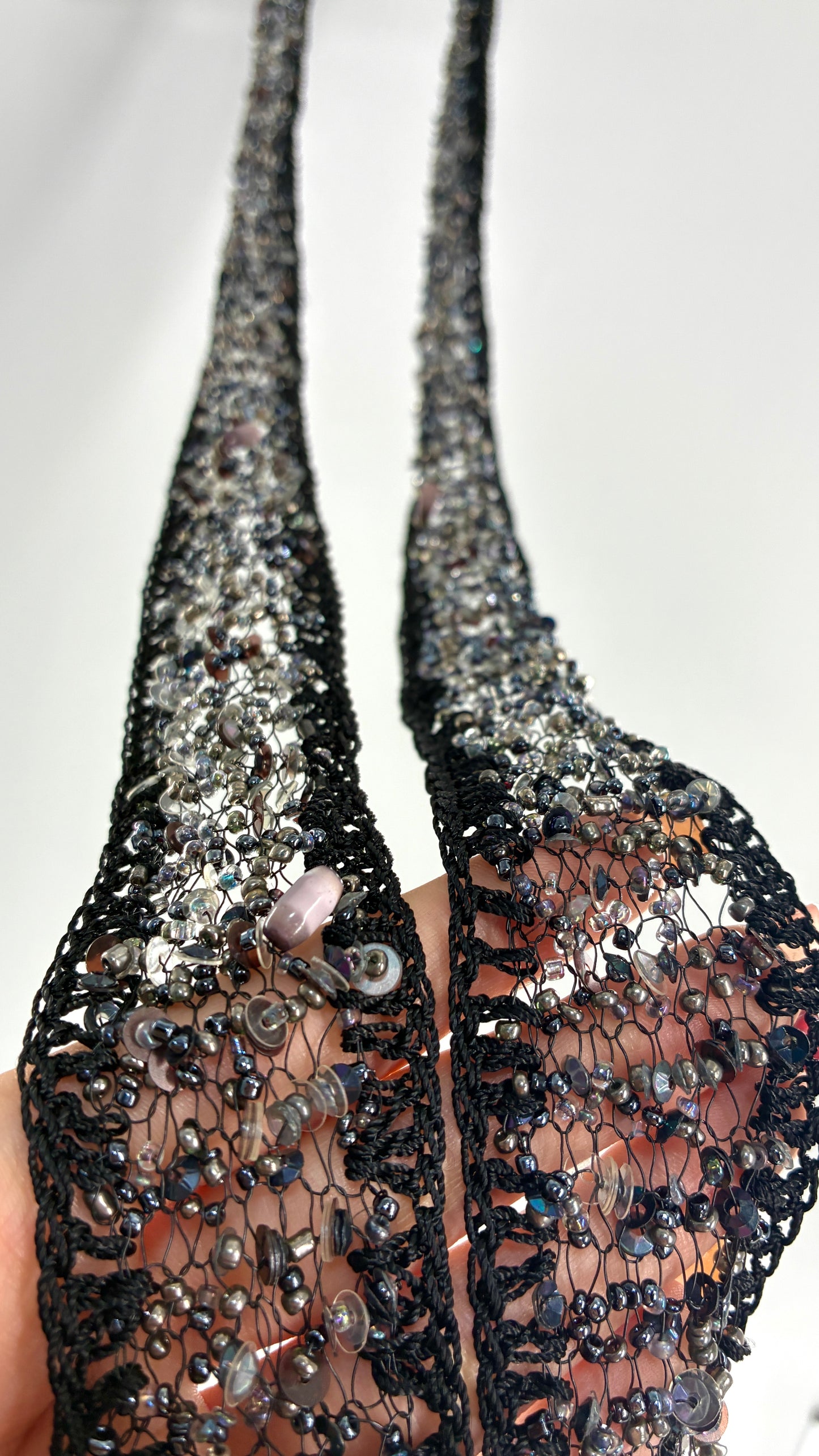 Vintage Black Netted + Crochet Scarf Necklace Covered in Heavy Beading