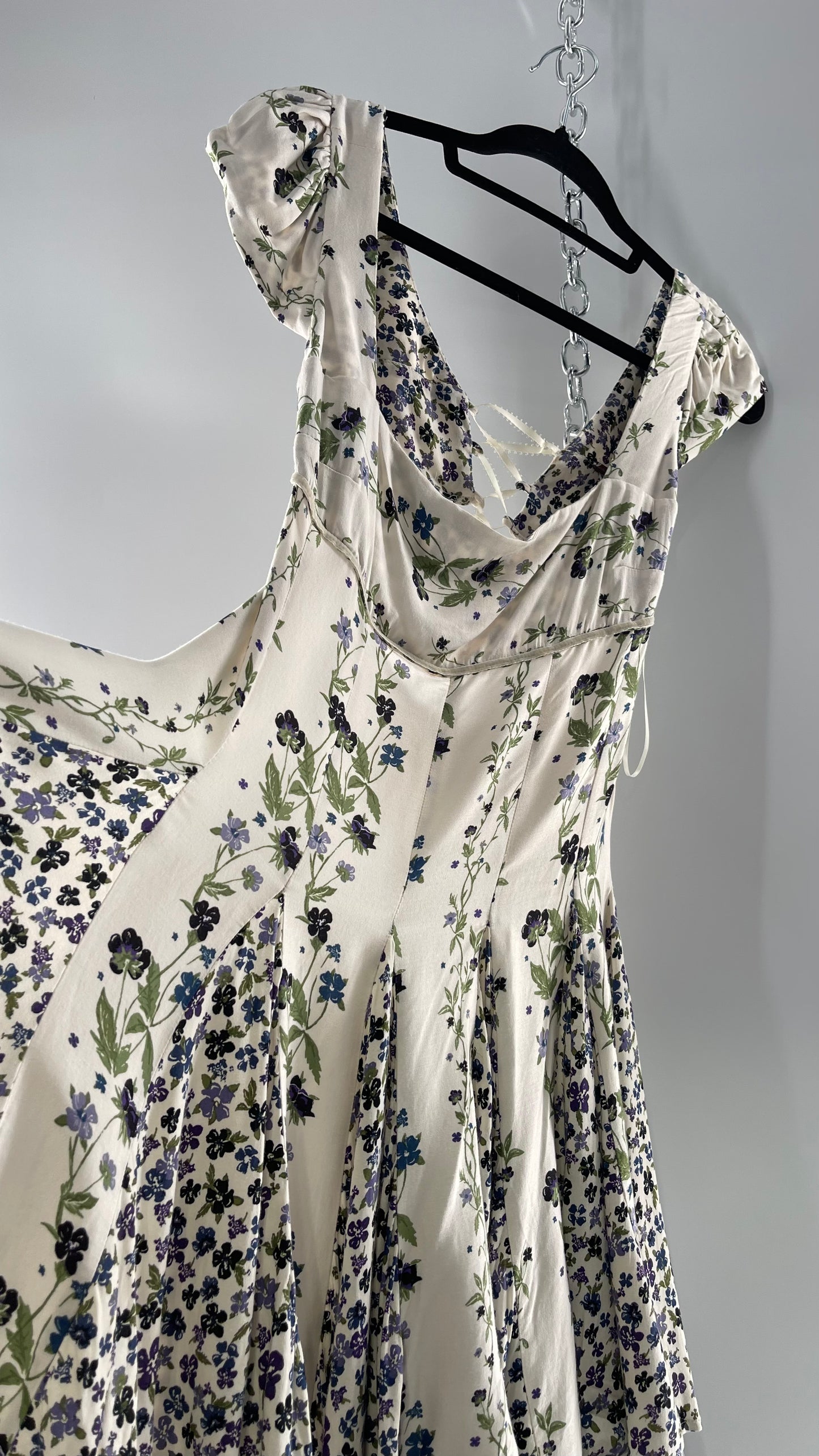 Free People Ivory Mini Dress with Violet Floral Pattern, Cap Sleeves and Lace Up Open Back (M)