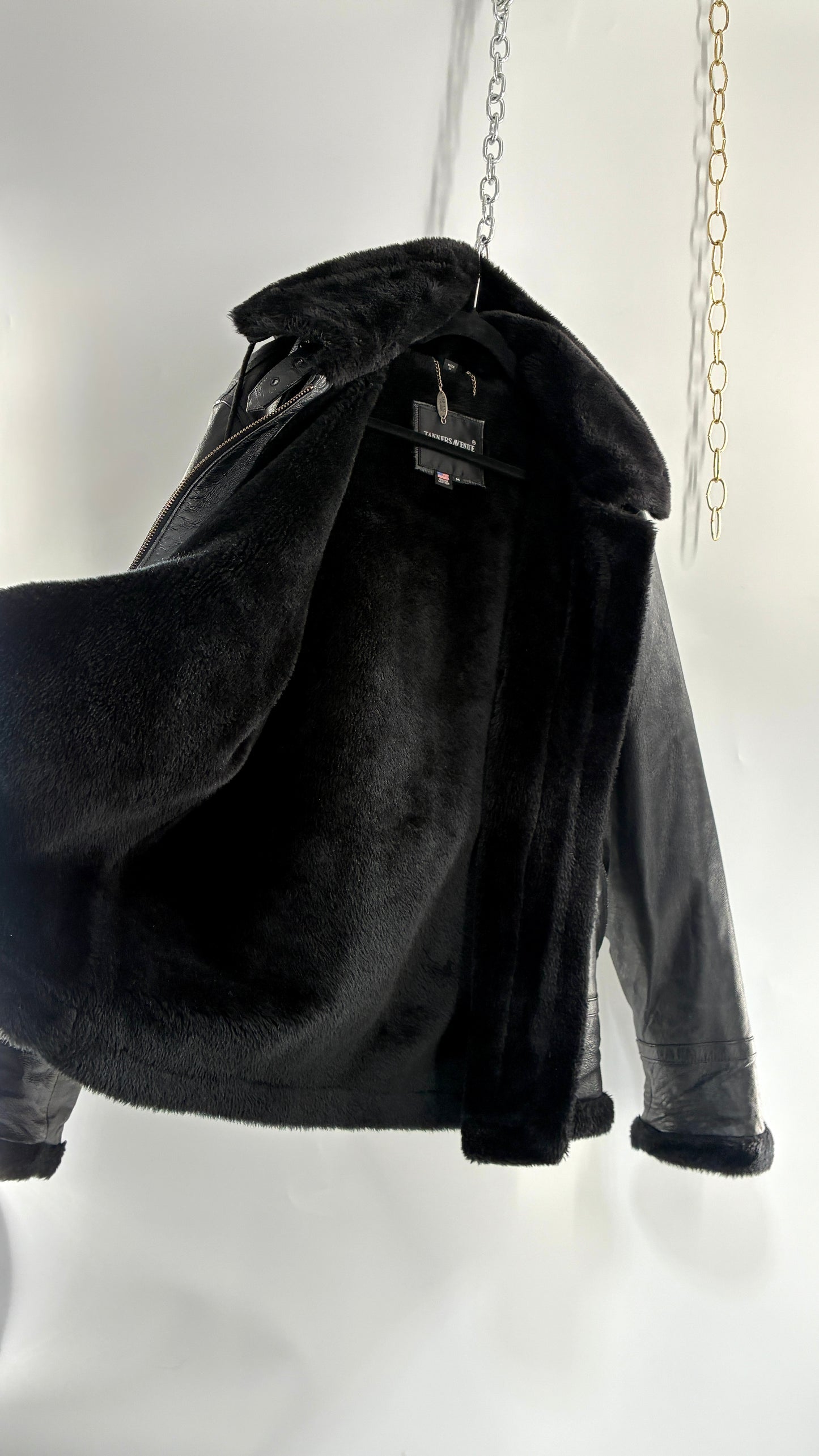 Vintage TANNERS AVENUE Black Genuine Leather Jacket with High Neck and Hood (Medium)