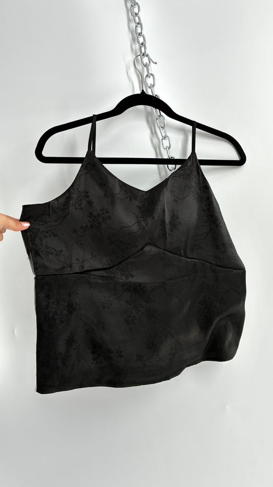 Vintage Black Silky Floral Camisole with Built in Padding (Large)