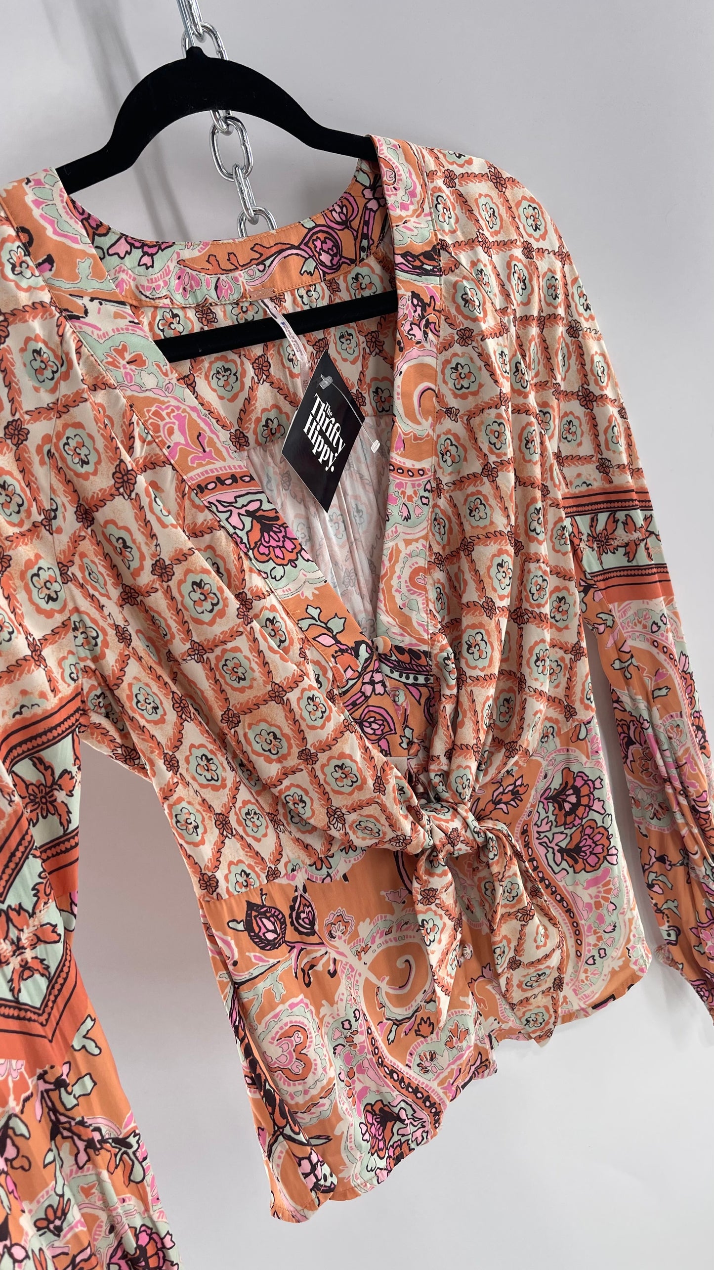 Free People Orange Pastels Paisley Blouse with Bust Tie and Balloon Sleeves (XS)