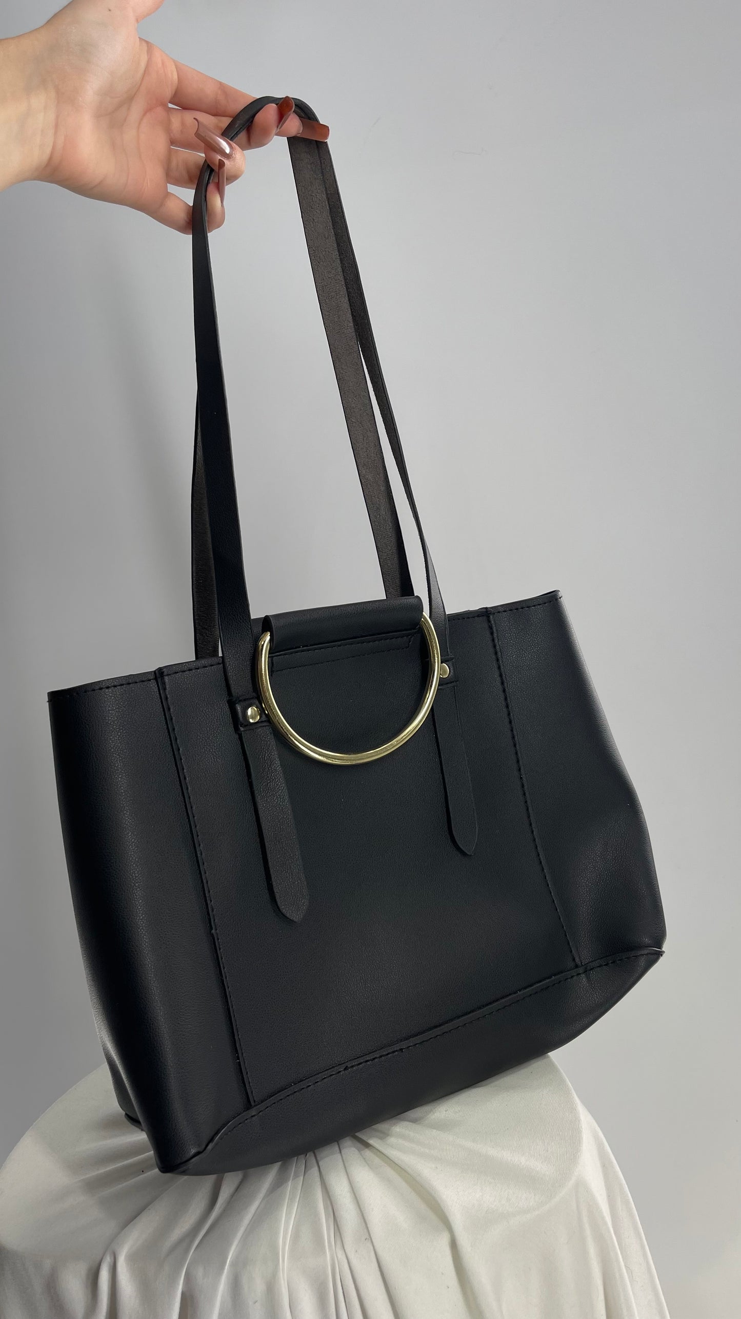Free People Black Vegan Leather Bag with Pearl and Gold Hardware Details