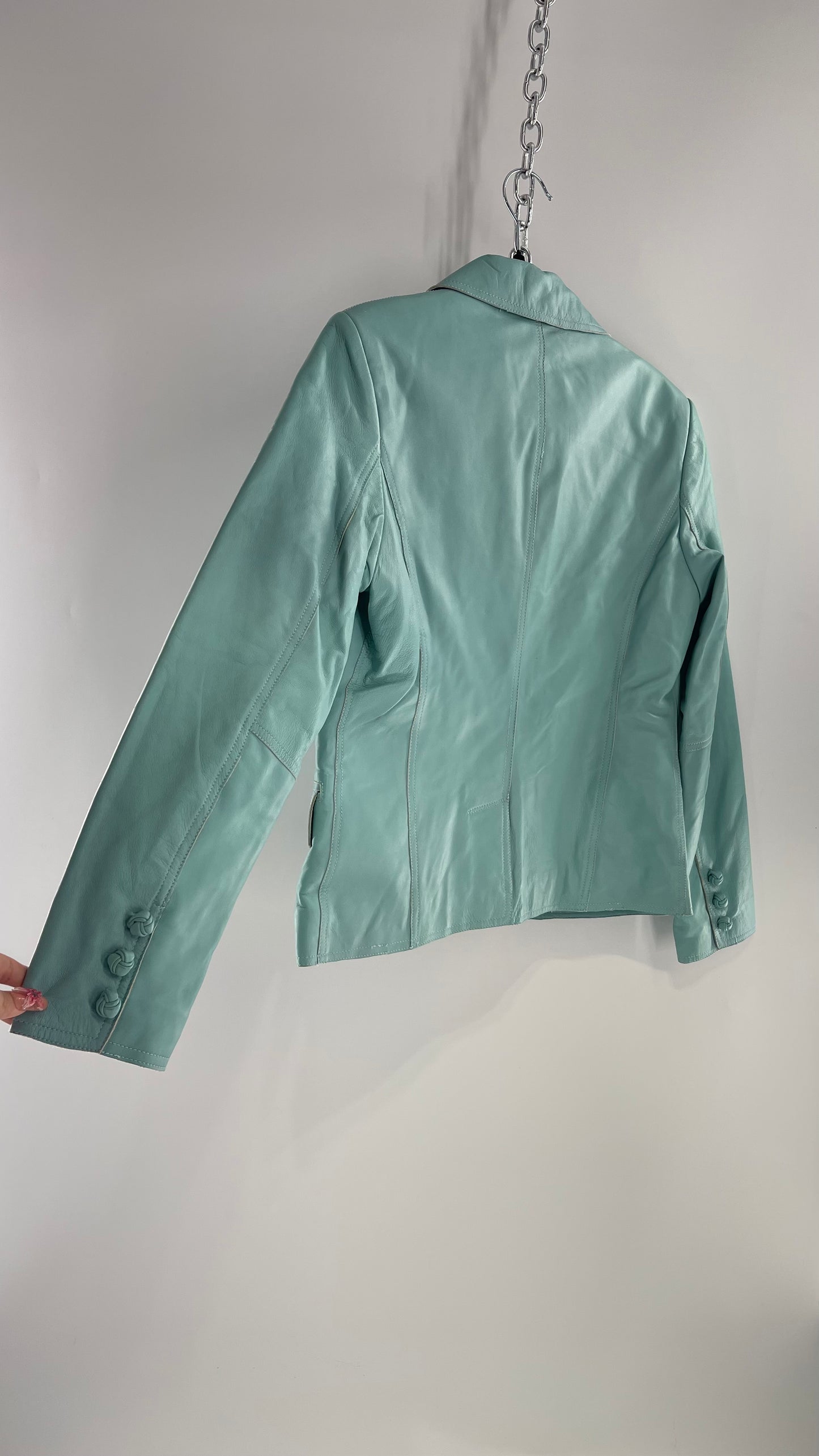 Vintage 1990s Pamela McCoy Eggshell/Tiffany Blue Leather Blazer Jacket (XS)