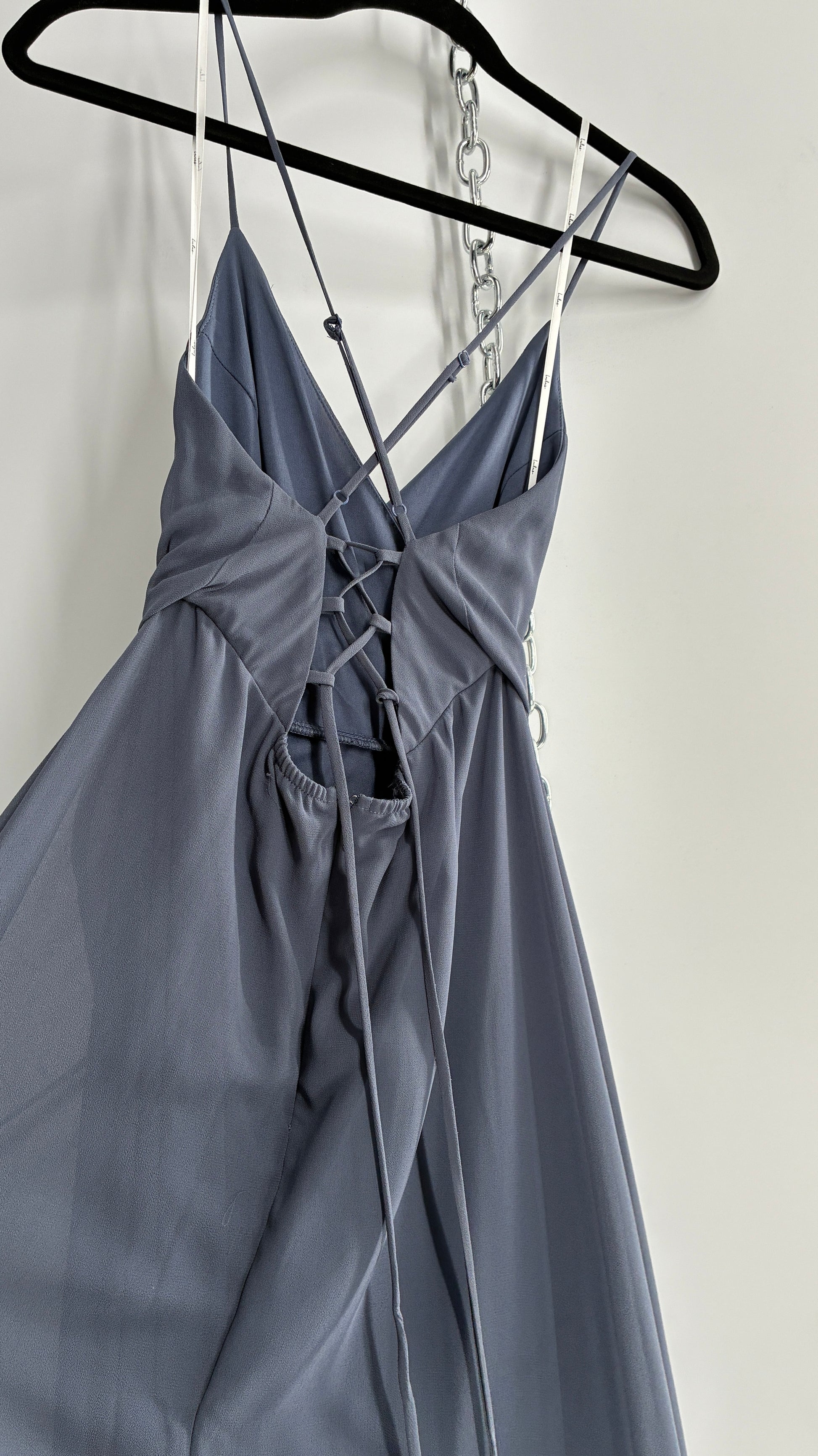 Lulus Greyish Blue Full Length Dress with Tie Up Back and Ruffled Hem The Thrifty Hippy Lulus Greyish Blue Full Length Dress with Tie Up Back and Ruffled Hem The Thrifty Hippy