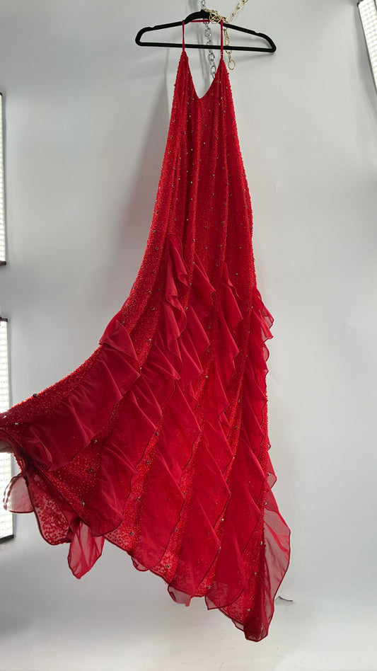 OH POLLY Red Beaded Gown with Ruffled Detailing NWOT (14)