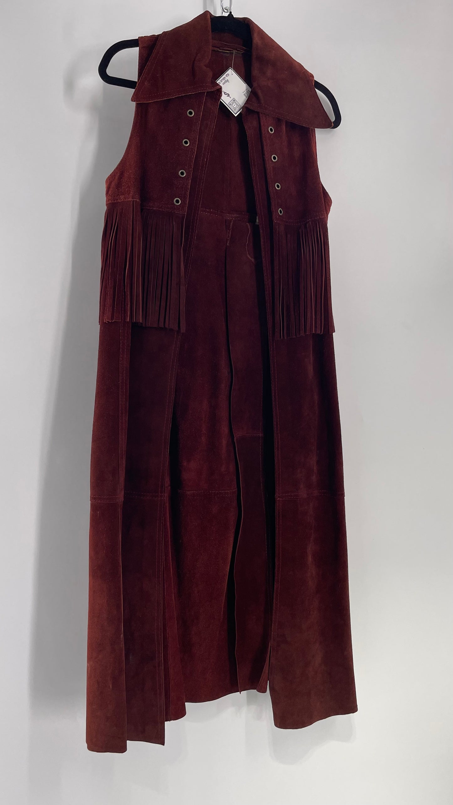 Vintage 1970s Suede Leather Full Length Reddish Brown Vest (S/M)