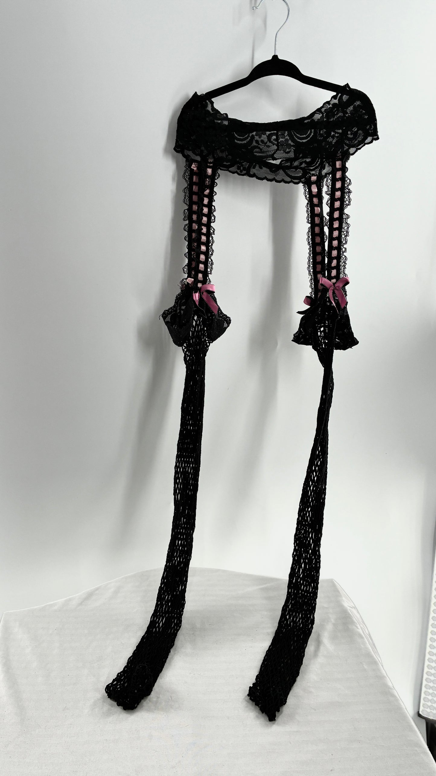 Vintage Black Mesh Garter Tights with Pink Ribbons, Lace, and Bows (One Size)