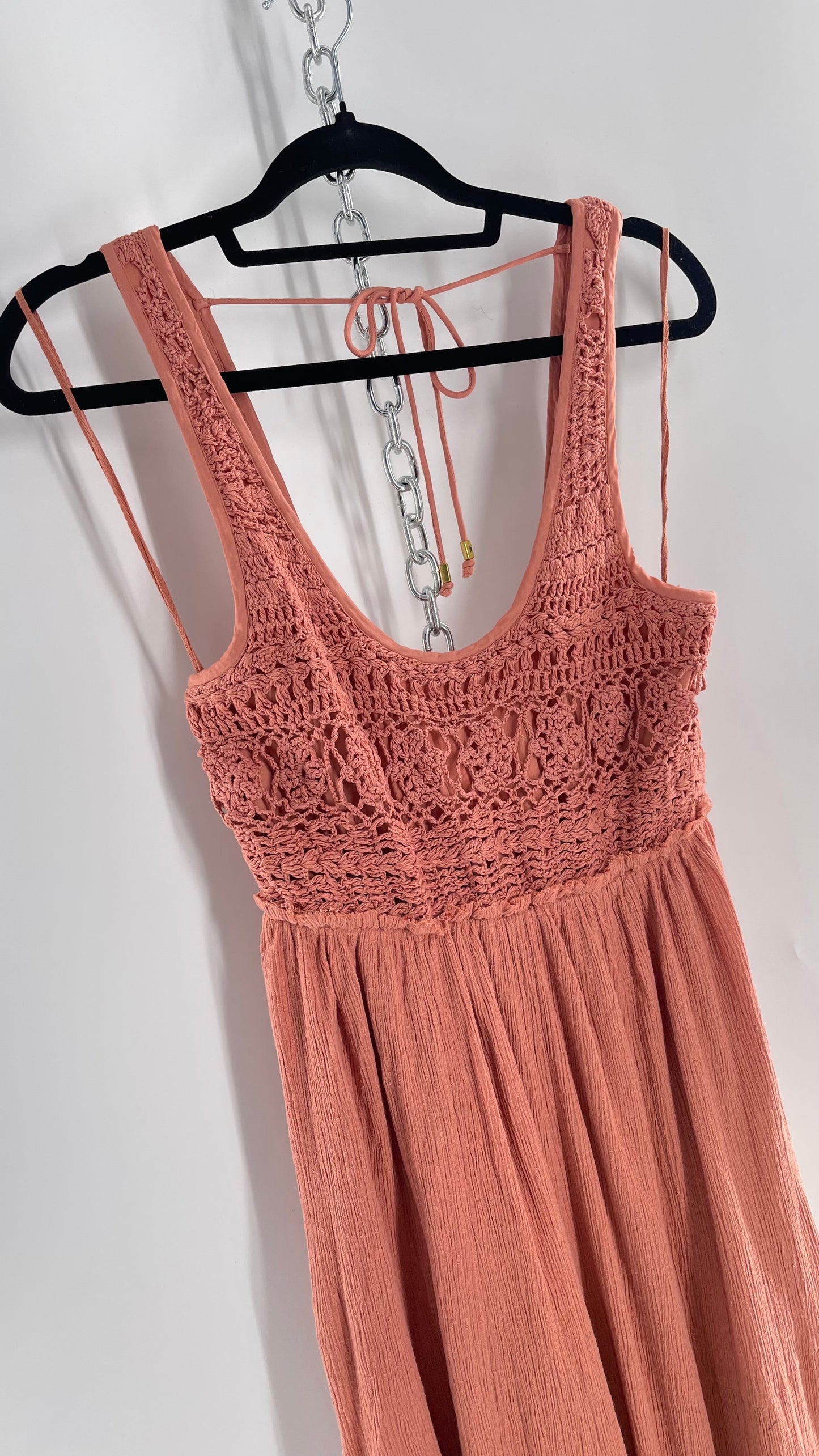 Free People Rose/Peach Pink Wide Leg Jumpsuit with Crochet Bust and Tags Attached (XS)