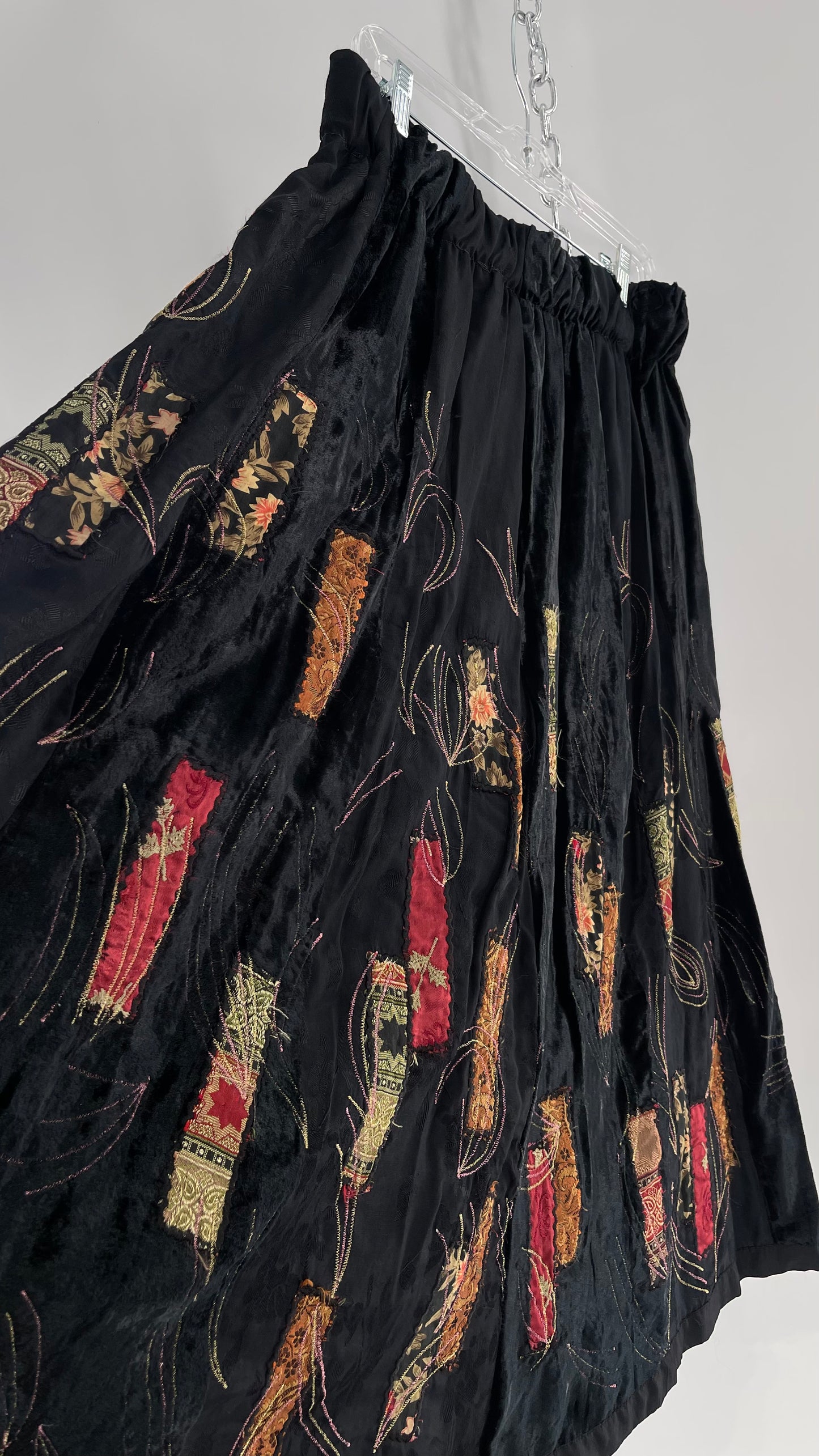 Vintage Black Velvet and Embossed Florals Patchwork Skirt with Metallic Stitch Detailing with Lining and Thick Waistline (M)