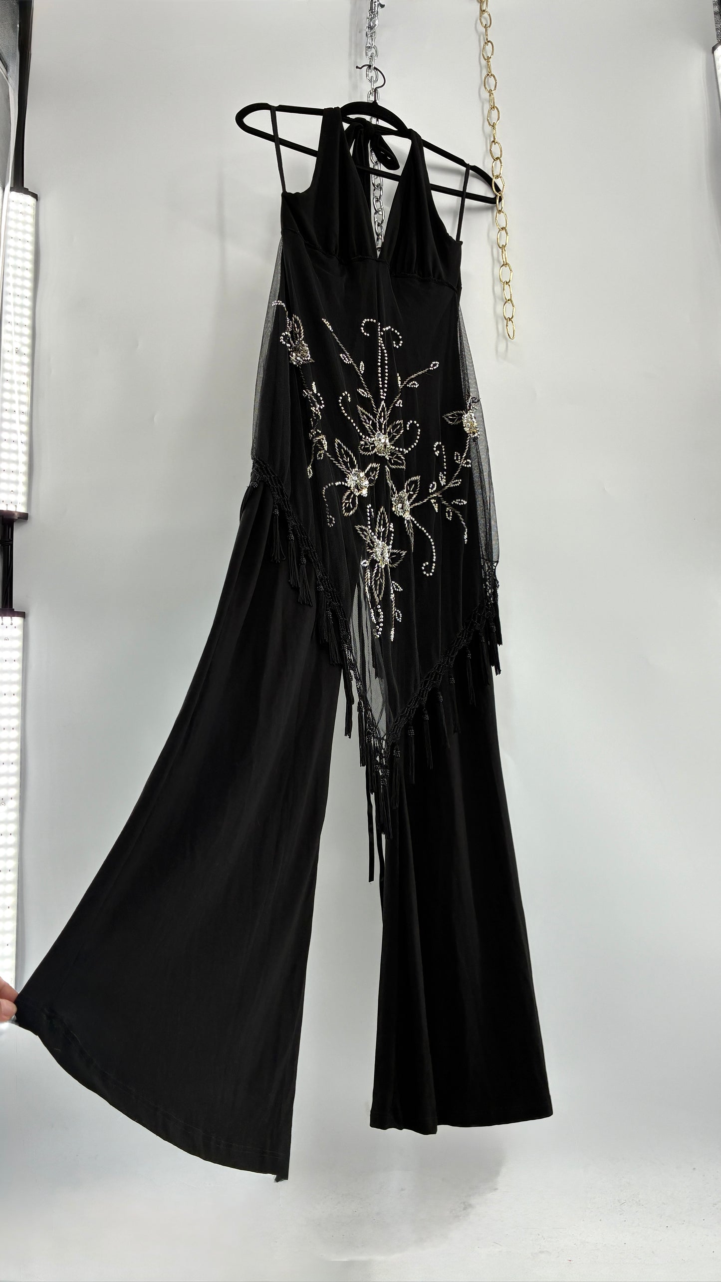 Vintage JANICE Black Jumpsuit with Fringe Embroidered Waist Detail (Large)