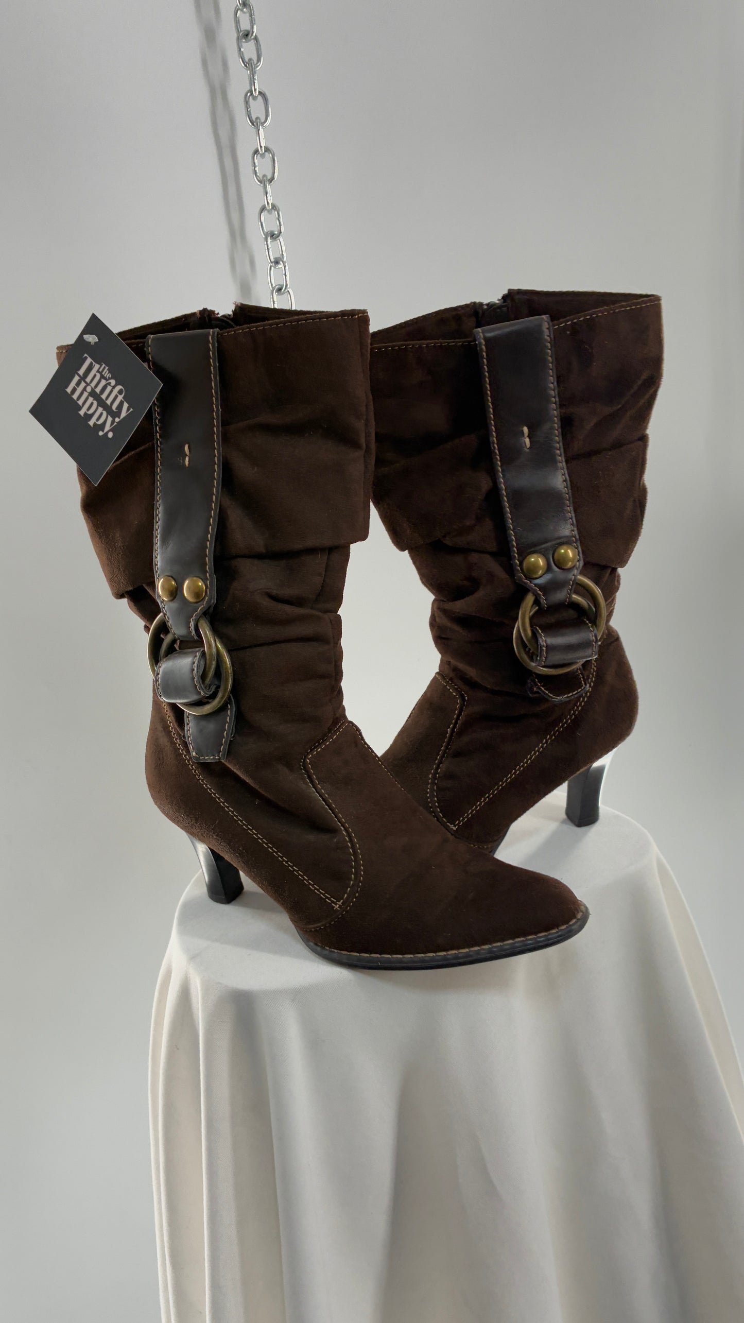 Vintage PREDICTIONS Vegan Suede Brown Stacked Boots with Buckle Detail (6.5)