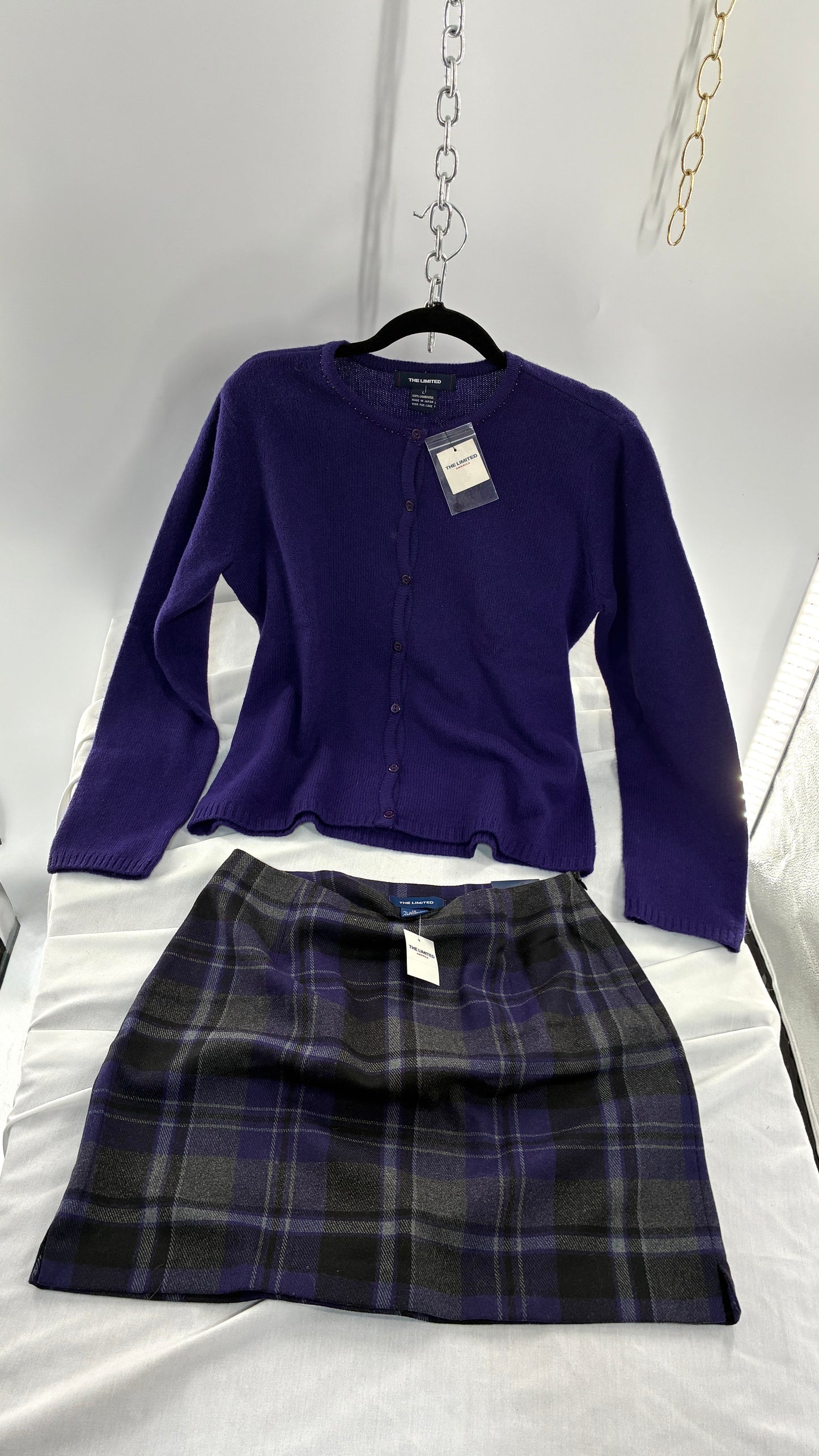 Deadstock Vintage THE LIMITED Japanese 100% Lambswool Purple Cardigan and Plaid Mini Skirt Set (L,10)