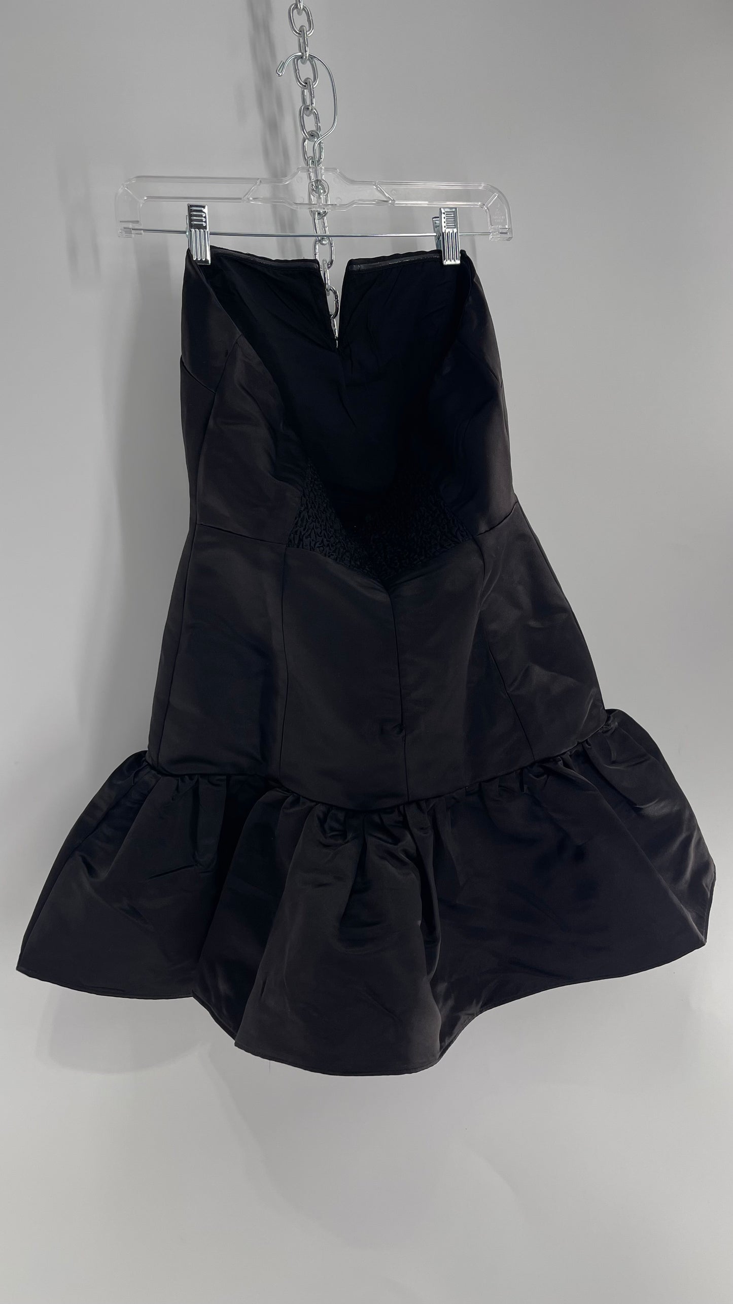 Maeve Black Mini Dress with Drop Hip Bubble Hem, Lace/Bow Appliqué and Tight Bodice (Small)