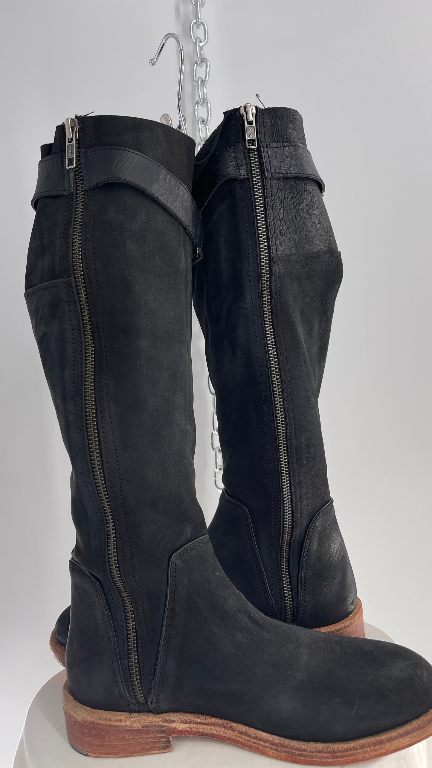 Free People Sayre Banks Slouchy Black Suede Leather Knee High Tassel Side Buckle Boot  (38)