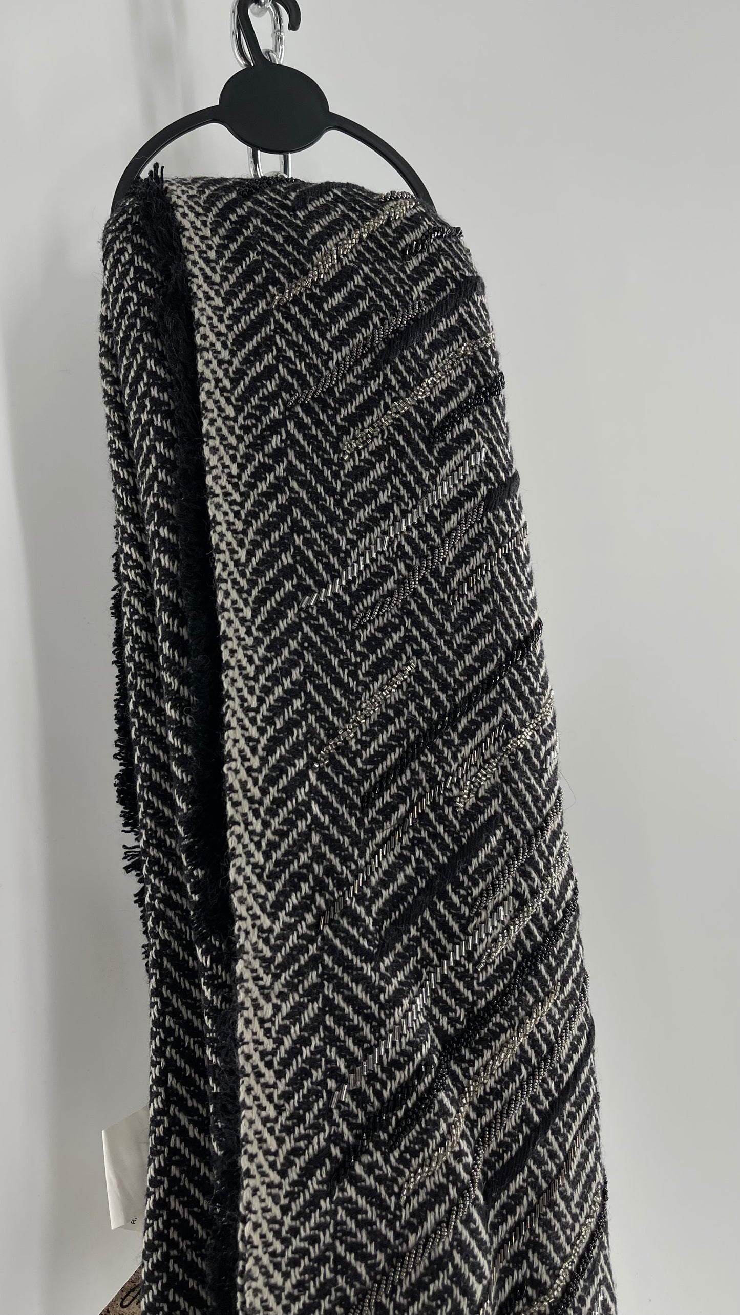 Anthropologie Pétanu Black and White 50% Cashmere 50% Silk Beaded Embellished Scarf with Tags Attached