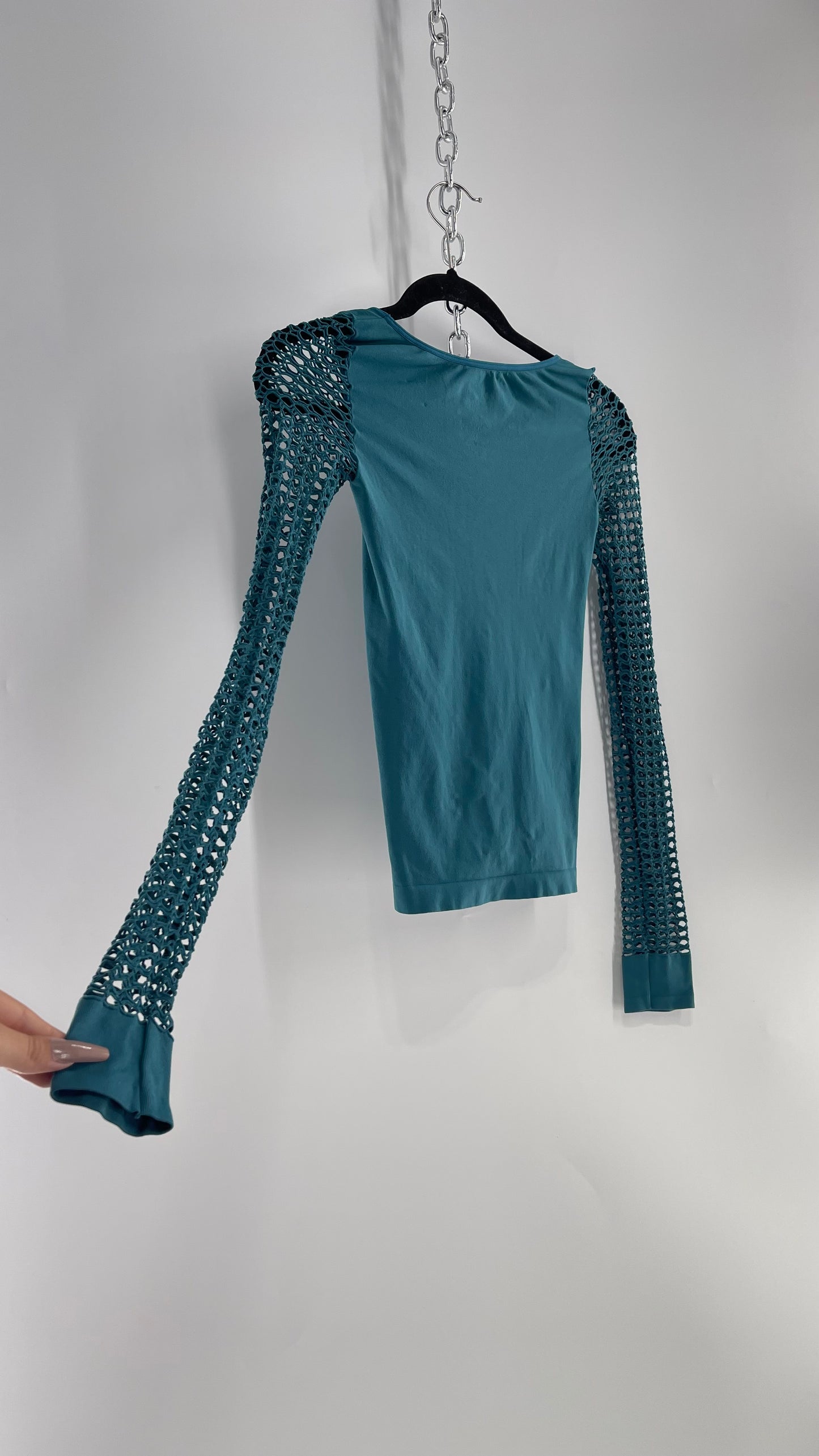 Free People Teal Spandex Top with Long Mesh Sleeves (XS)