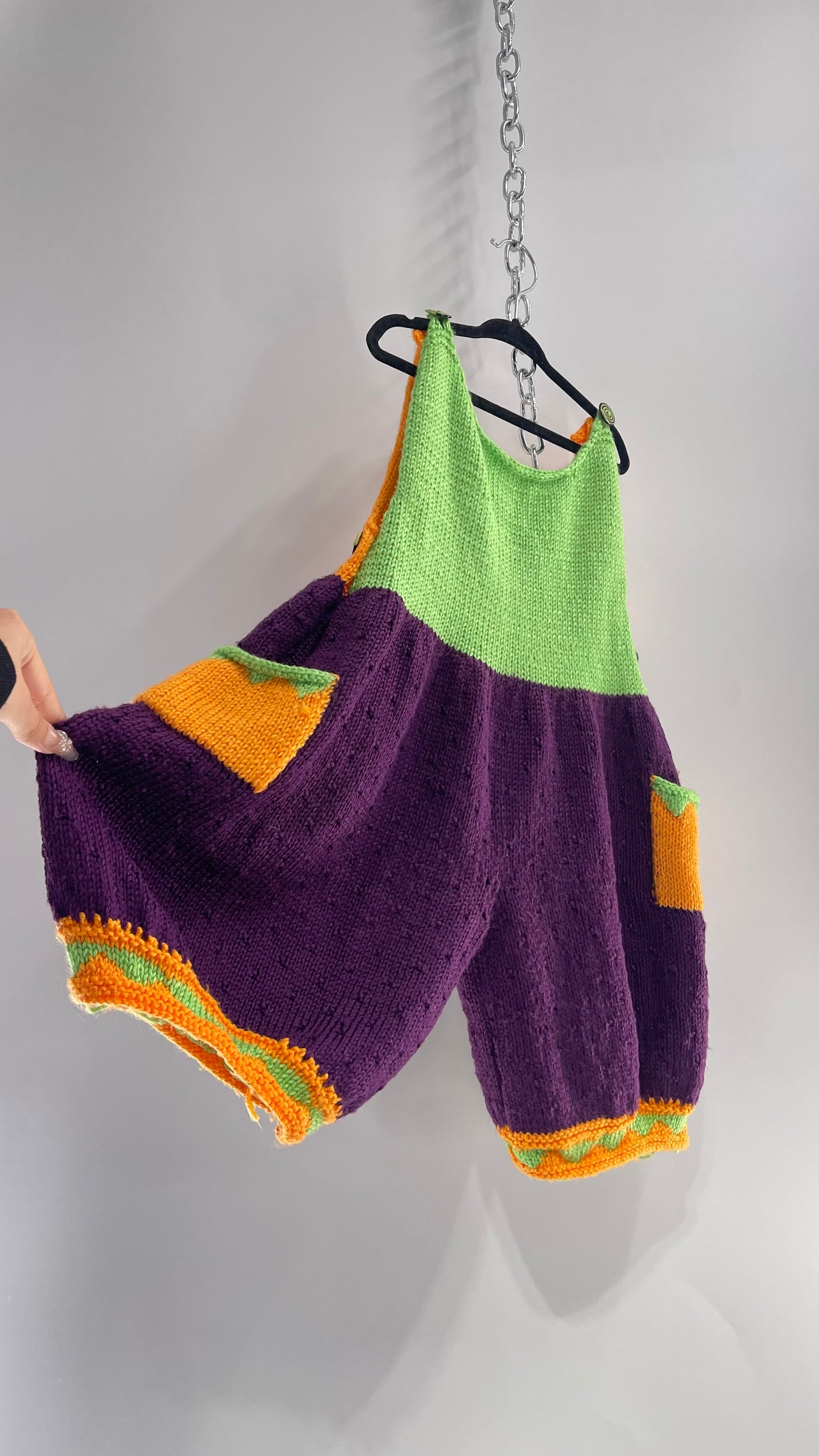 Vintage HandKnit Handmade Halloween Purple, Orange, Green Baby Overalls