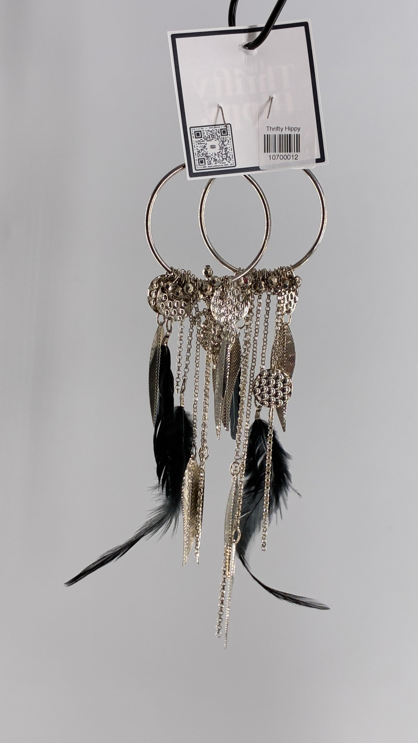 Vintage Hoop Earring with Chains, Feathers and Silver Metal Coins