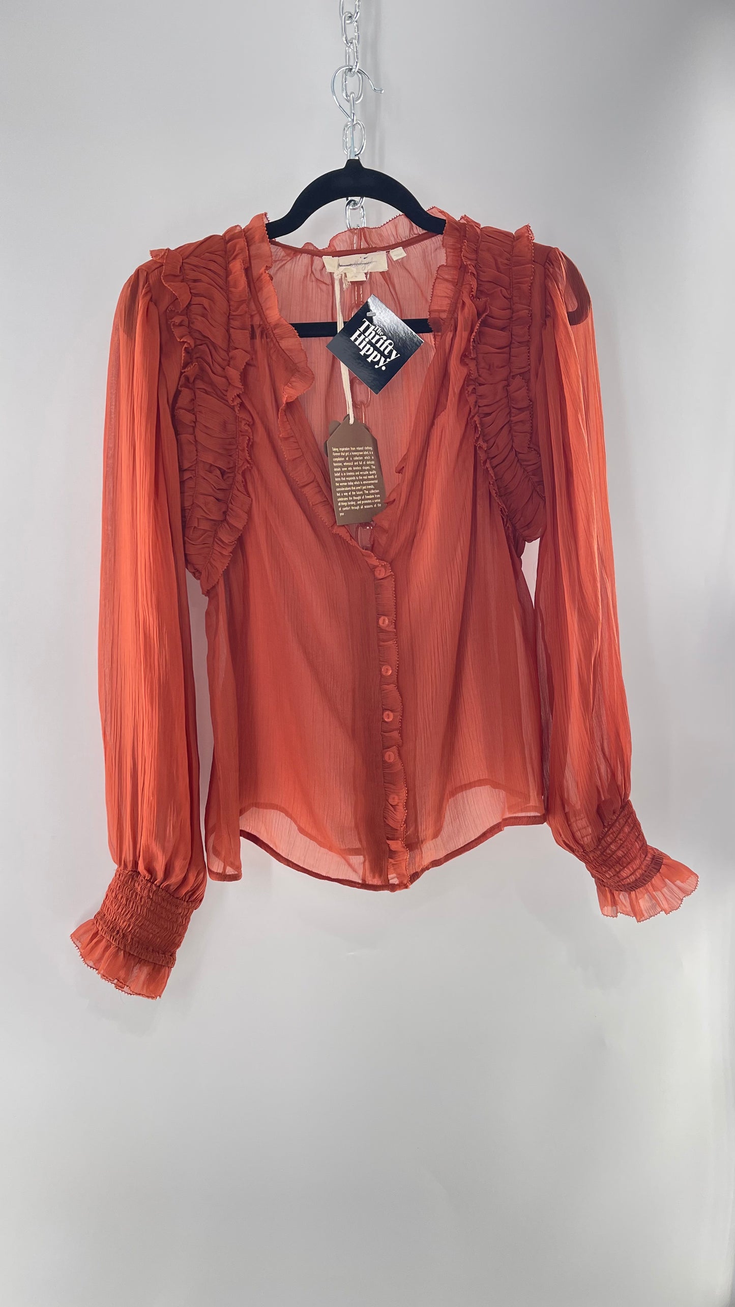 Forever That Girl Burnt Orange Shear Delicate Button Front Top with Pin Tuck Shoulder Detail and Balloon Smocked Sleeve (Medium)