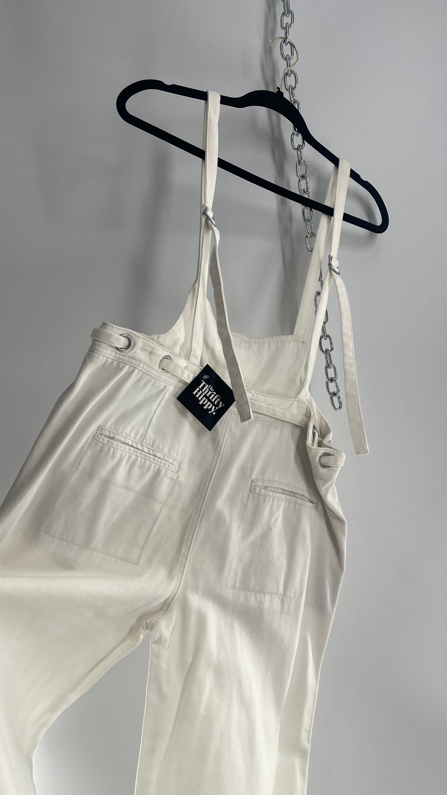 Free People White Denim Jumpsuit with Low Front and Open Back (Small)