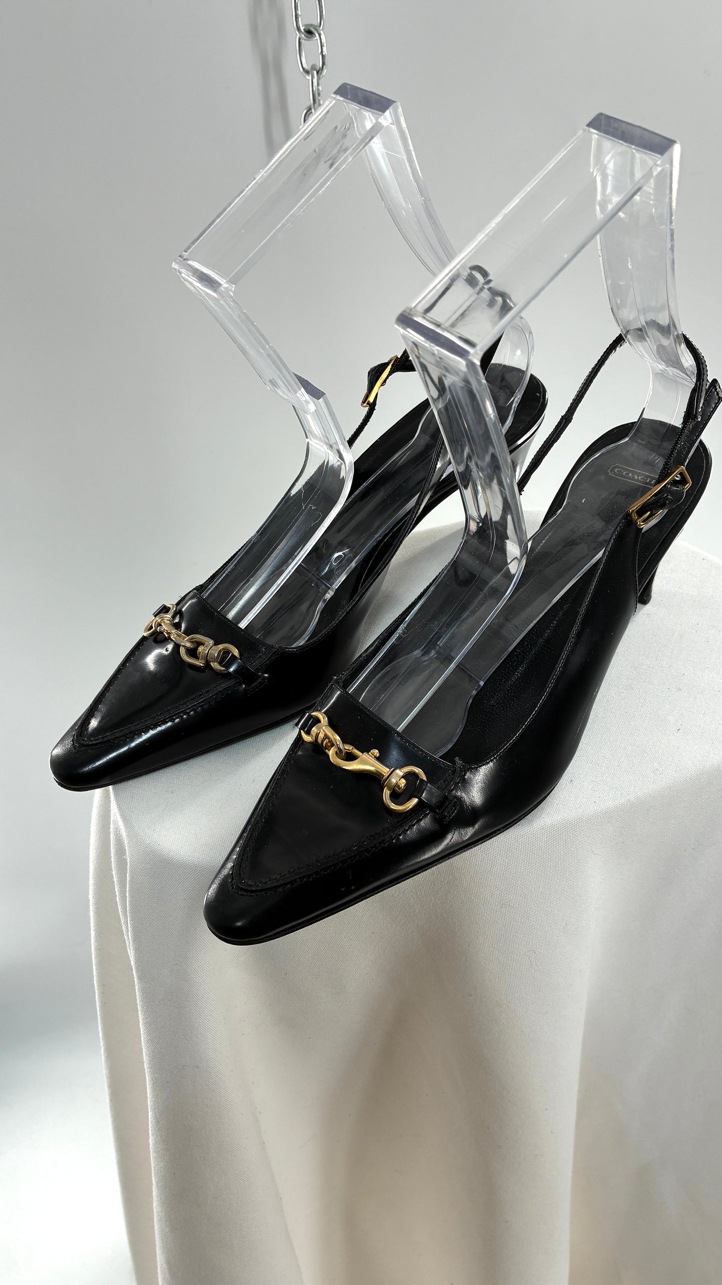 Vintage COACH Black Patent Leather Sling Back Kitten Heel with Brass Closure Detail (8.5)
