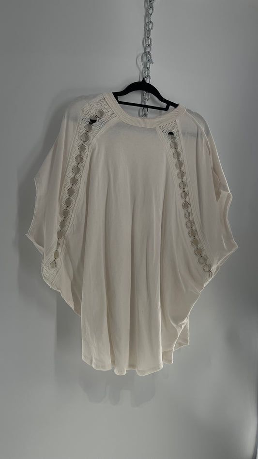 Free People Off White Oversized T Shirt Dress with Crochet Ring Details (Large)