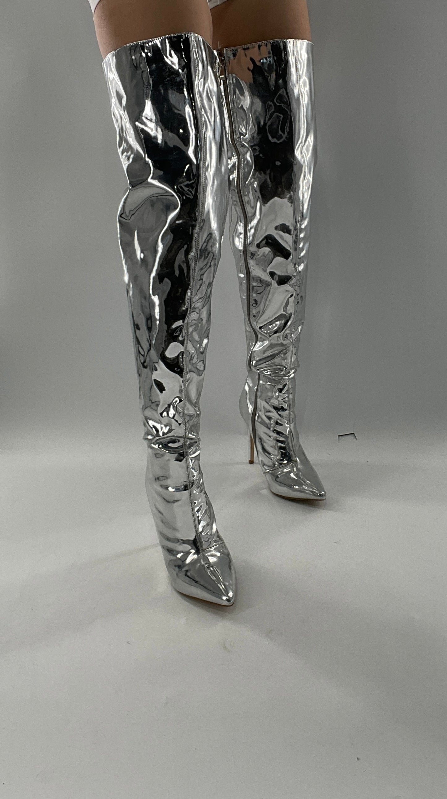 Vintage Chrome Platinum Mirrored Thigh High Molten Metal Sky High Boots Space Cadet/Concert (7)