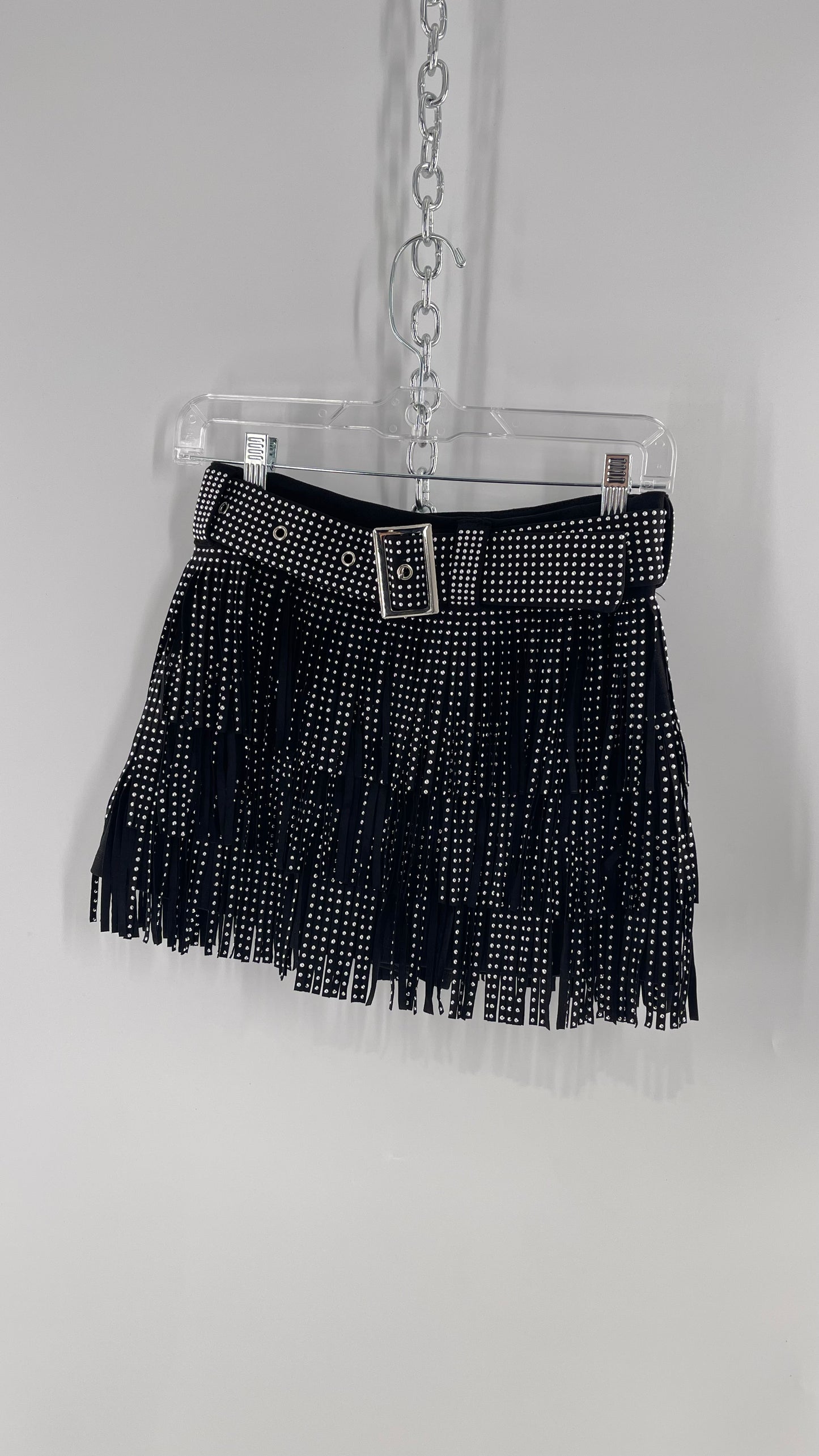 Altar’d State Black Belted Studded Fringe Mini Skirt with Tags Attached (Small)