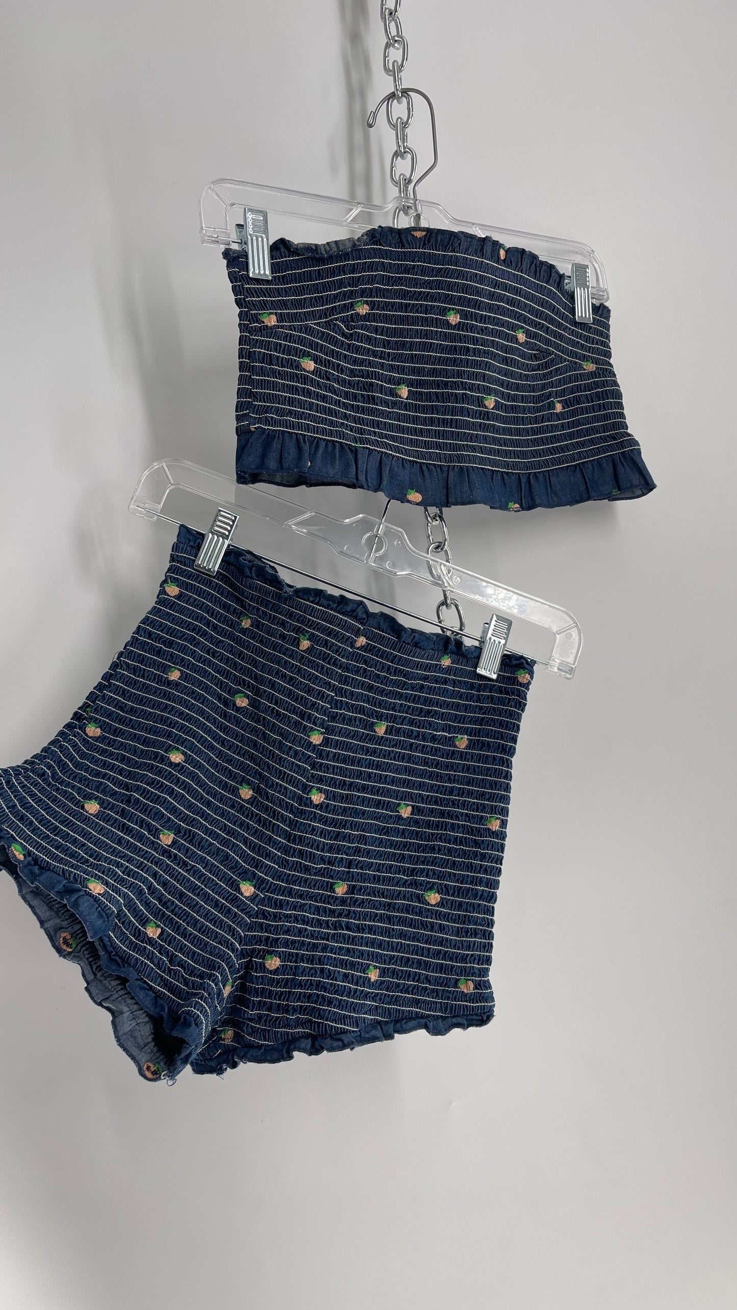 Urban Outfitters Denim 2 Piece Tube Top and Shorts Set with Embroidered Fruit (L Top S Bottoms)