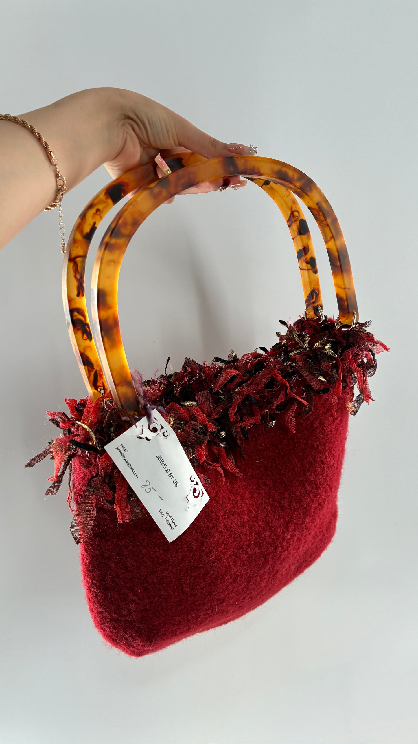Vintage Handmade Handwoven Red Bag with Tags, Fringe Detailing and Tortoise Shell Handle