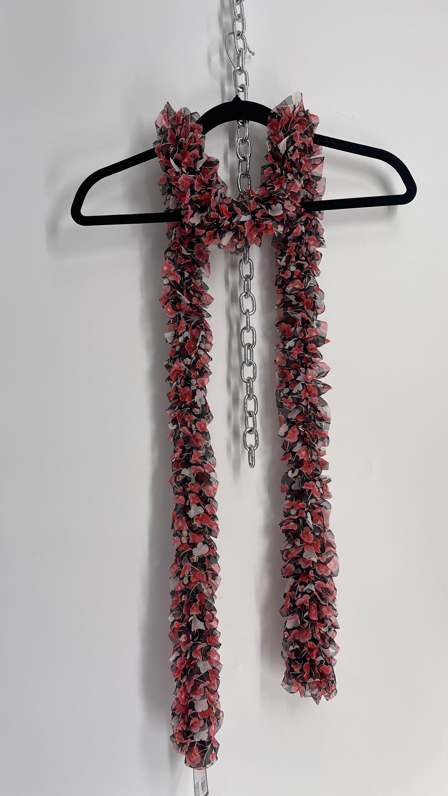 Vintage 1990s Ruffled Black Red Floral Scarf